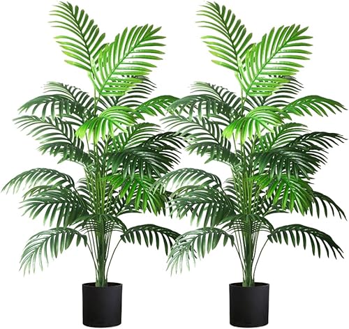 2 plantas artificiales grandes de 4 pies, palmeras artificiales, hojas de palmera tropicales, plantas de palmera sintética, árbol alto para
