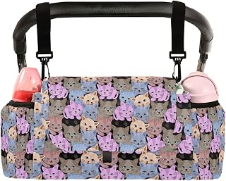 CUPADA Colorful Kittens Cats Universal Stroller Organizer with 2 Cup Holders, Cute Animal Stroller Organizer Bag and Removable Shoulder Strap Fits Most Baby and Pet Strollers