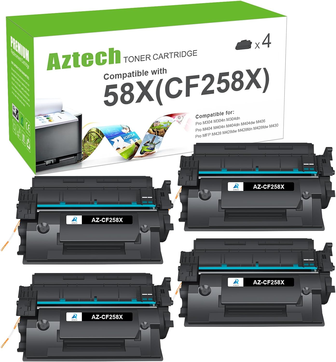 Aztech 58X CF258X M404n Black High Yield Toner Cartridge Replacement for HP 58X CF258X 58A CF258A for HP LaserJet Pro M404n M404dn MFP M428fdw M428fdn M404dw M428dw M404 M428 M406 Printer Ink 4-Pack