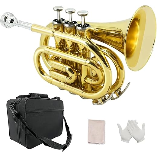 Pocket Trumpet Bb Flat Brass Trumpet for Beginner Student with 7C Mouthpiece Carrying Hard Case Cleaning Cloth Gloves