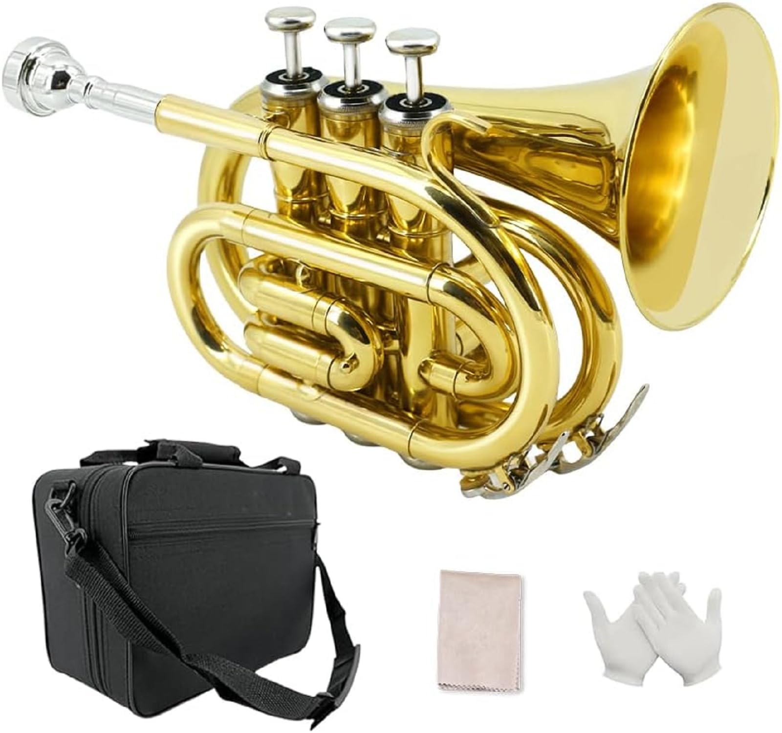 Bb Standard Pocket Trompeten für lackierte Kupfertrompete mit 7 C Mundstück, Hartschalenkoffer Taschentrompete Messing Trompete im Taschenformat