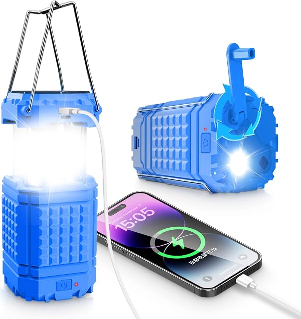Solar Camping Lantern 5000mAh Capicity Rechargeable Camping Lights with Hand Crank LED Flashlight Telescopic Portable for Outdoor and Tent Emergencies