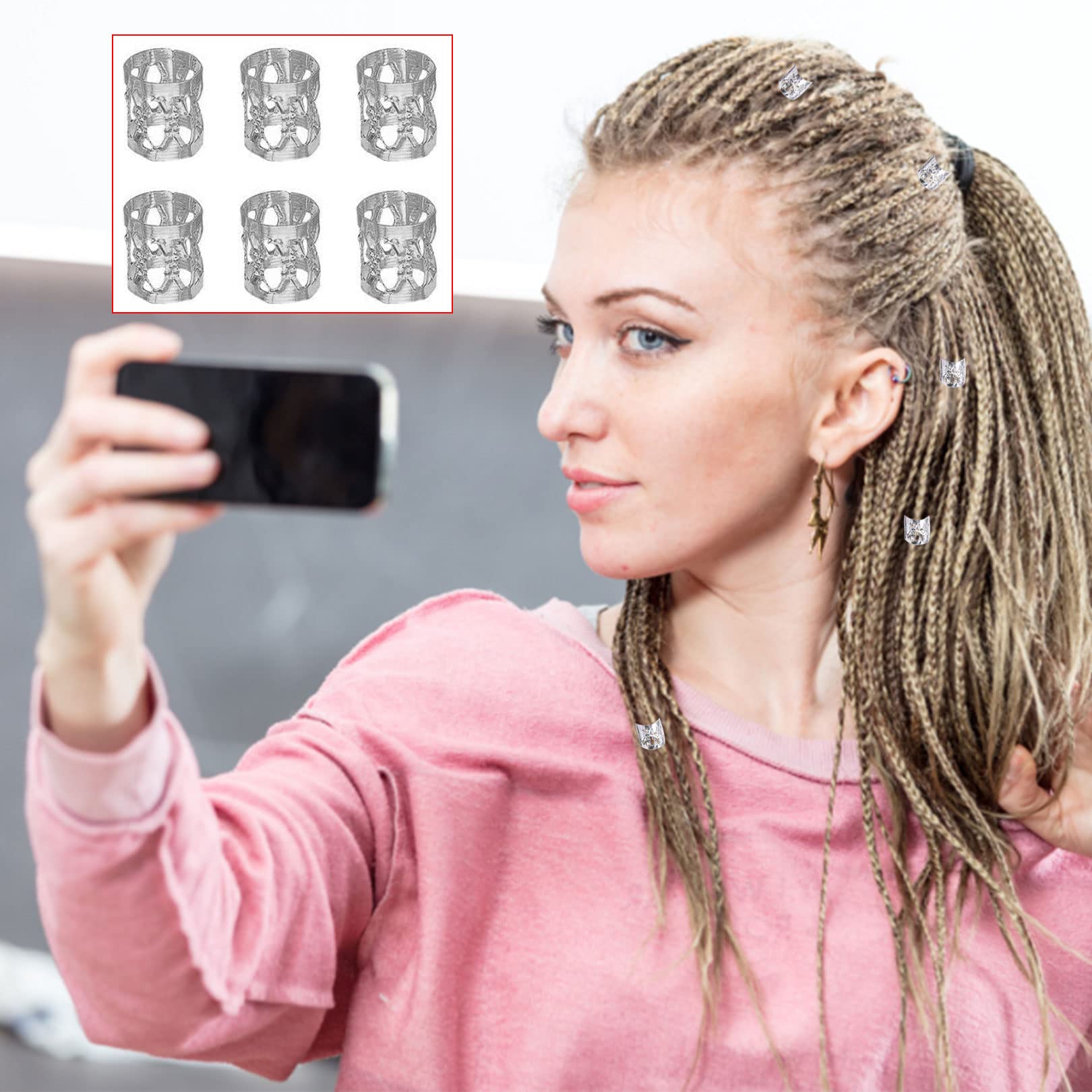 100 Anelli Per Capelli In Metallo Regolabili | Per Treccine, Dreadlocks E Acconciature | Design A Filigrana - Argento - Foto 8