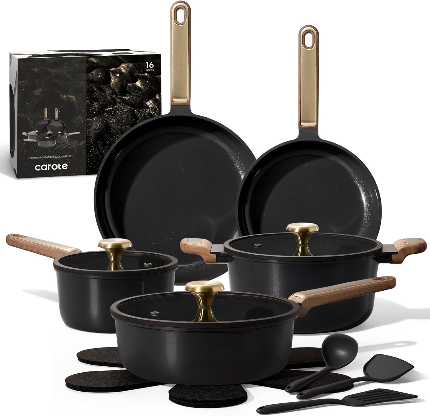 CAROTE Ceramic Cookware Set Nonstick, 16pcs Pots and Pans Set Nonstick, Non-Toxic & PFAS-Free, Dishwasher, RV/Camping Cookware Set, Cooking Pots with Lids, Charcoal Black