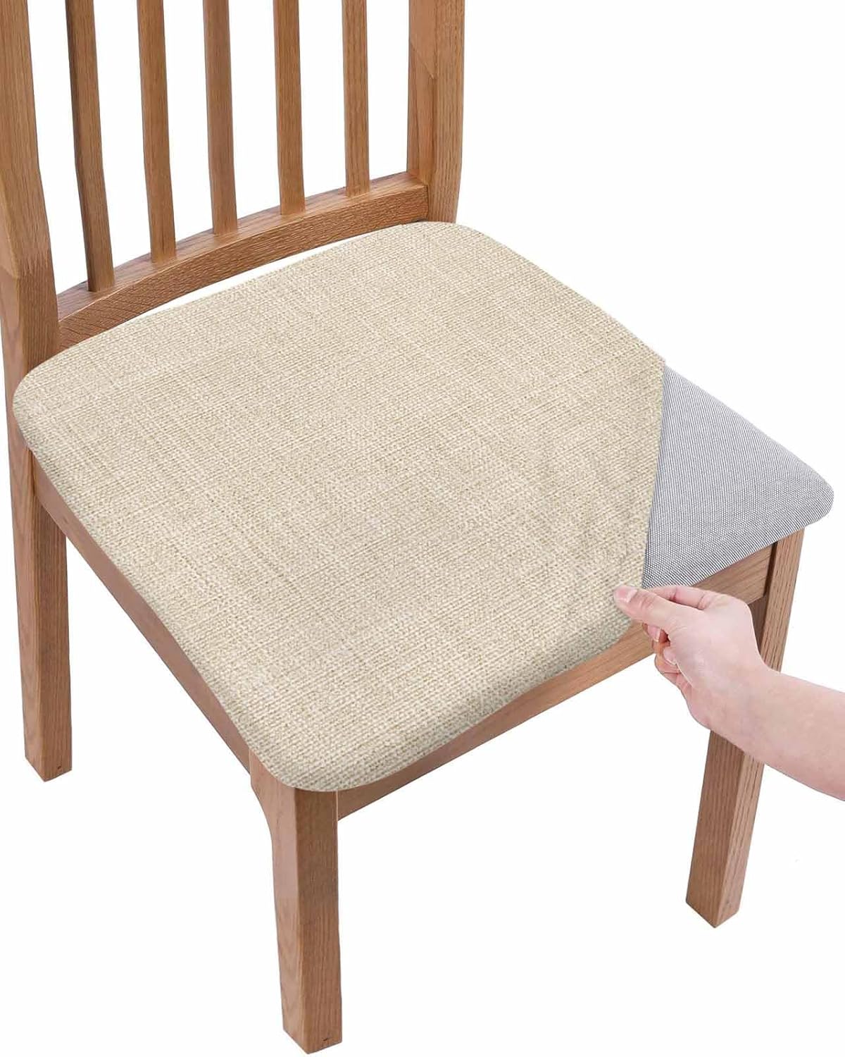 Savannan Dining Room Chair Seat Covers Set of 4, Vintage Country Beige Linen Texture Removable Stretch Chair Seat Cushion Slipcovers Protector for Holiday Party Festival Decoration Farm Burlap