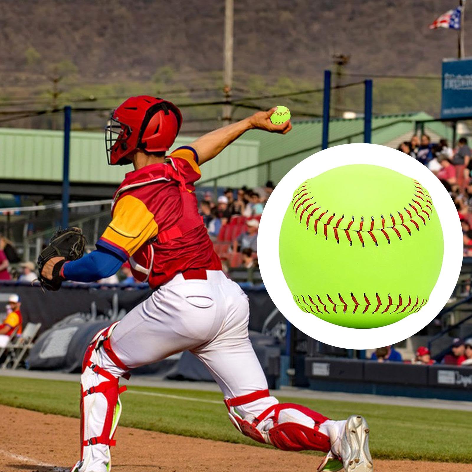 Lewtemi Palline Da Softball – 6 Pezzi – Dimensioni Ufficiali 28 Cm – Giallo Neon Con Cuciture Rosse – In Pelle Artificiale