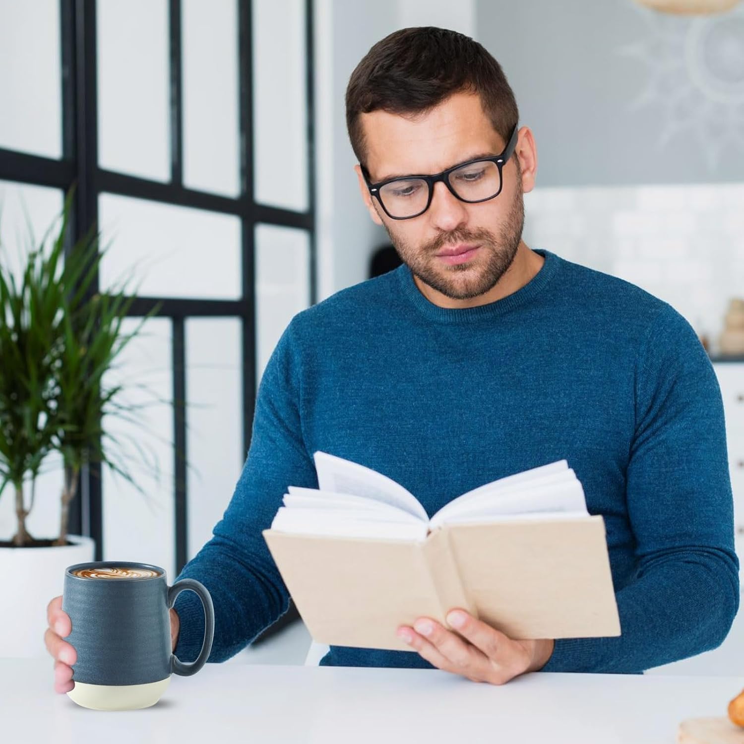 Hasense Coffee Cups Ceramic, Coffee Mugs with Handles Set of 4, 15 oz Tea Cups for Home and Office, Stylish Colorblocking Mugs for Coffee, Tea, Latte, Hot Chocolate, Christmas Cups Gift, Deep Blue - Image 2