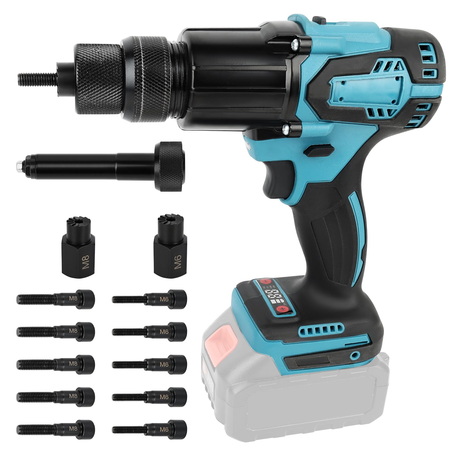 LIROPAU Remachadora de batería compatible con batería Makita de 18 V, 2 en 1, pistola de tuercas de remache eléctrica con boquillas M6/M8 y guantes para remaches de 2,4-4,8 mm (sin batería, sin
