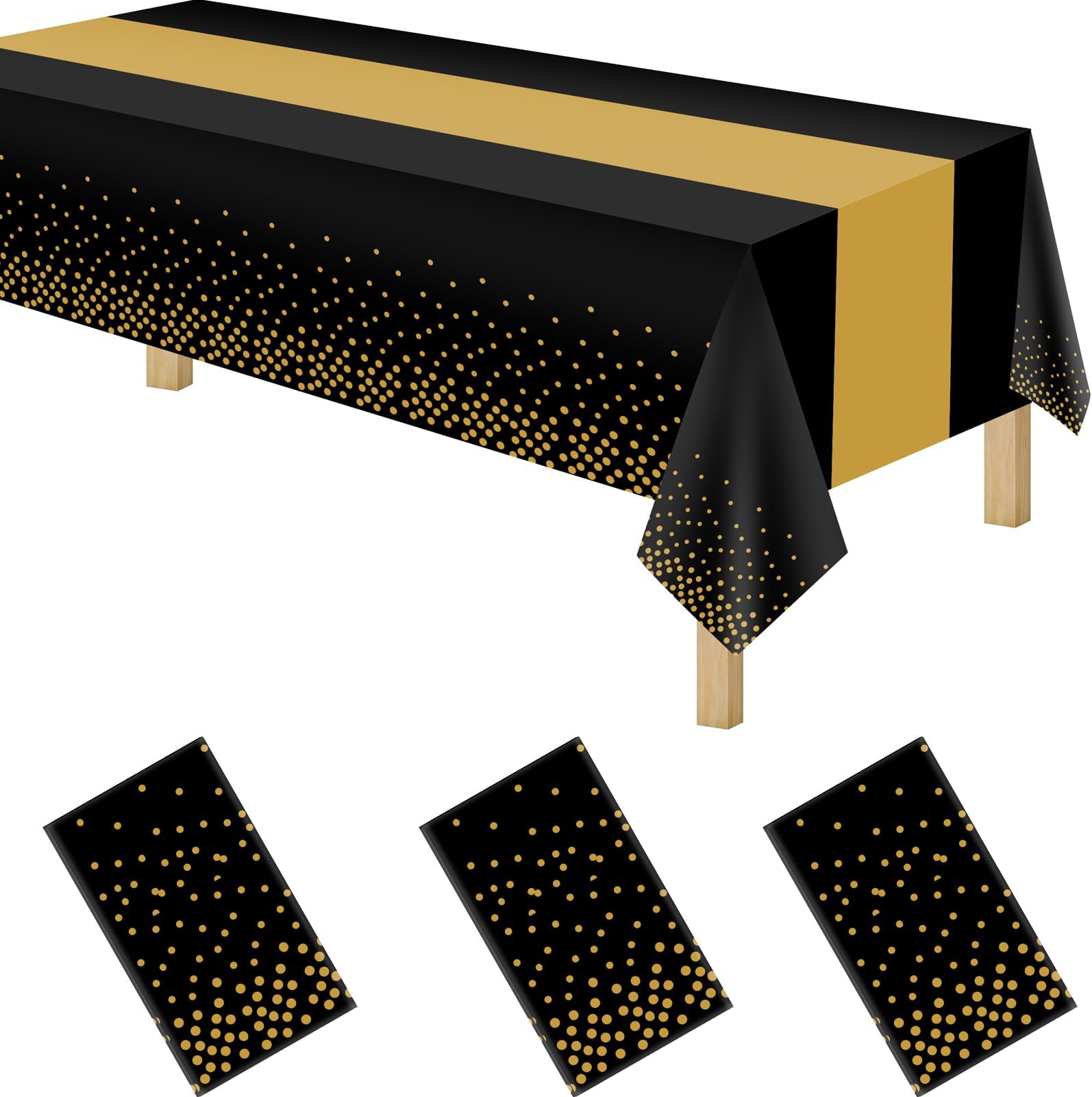 byojia3 Pack 2in1 Disposable Plastic Tablecloths 54" x 108" Black and Gold Dot Kitchen Table Cloth Rectangle Table Cover for Wedding Birthday Baby Shower Anniversary Christmas Graduation