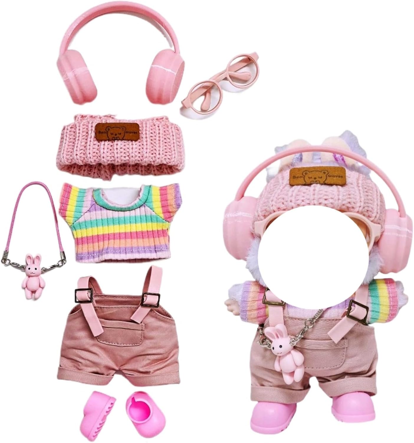 7 Pcs Clothes for Labubu (NO Doll) , Pink Overalls Set Earphone Glasses Bag Shoes for LBB Clothes 15cm/17cm Doll with Fashion Accessories (Rainbow)