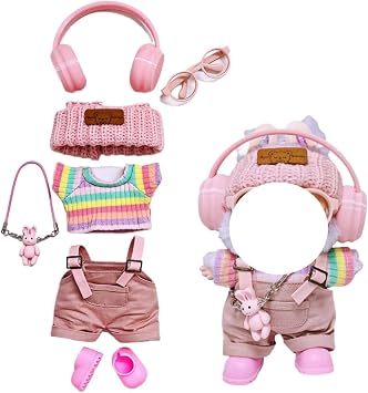 7 Pcs Clothes for LBBNO Doll , Pink Overalls Set Earphone Glasses Bag Shoes for LBB Clothes 15cm/17cm Doll with Fashion Accessories Pink