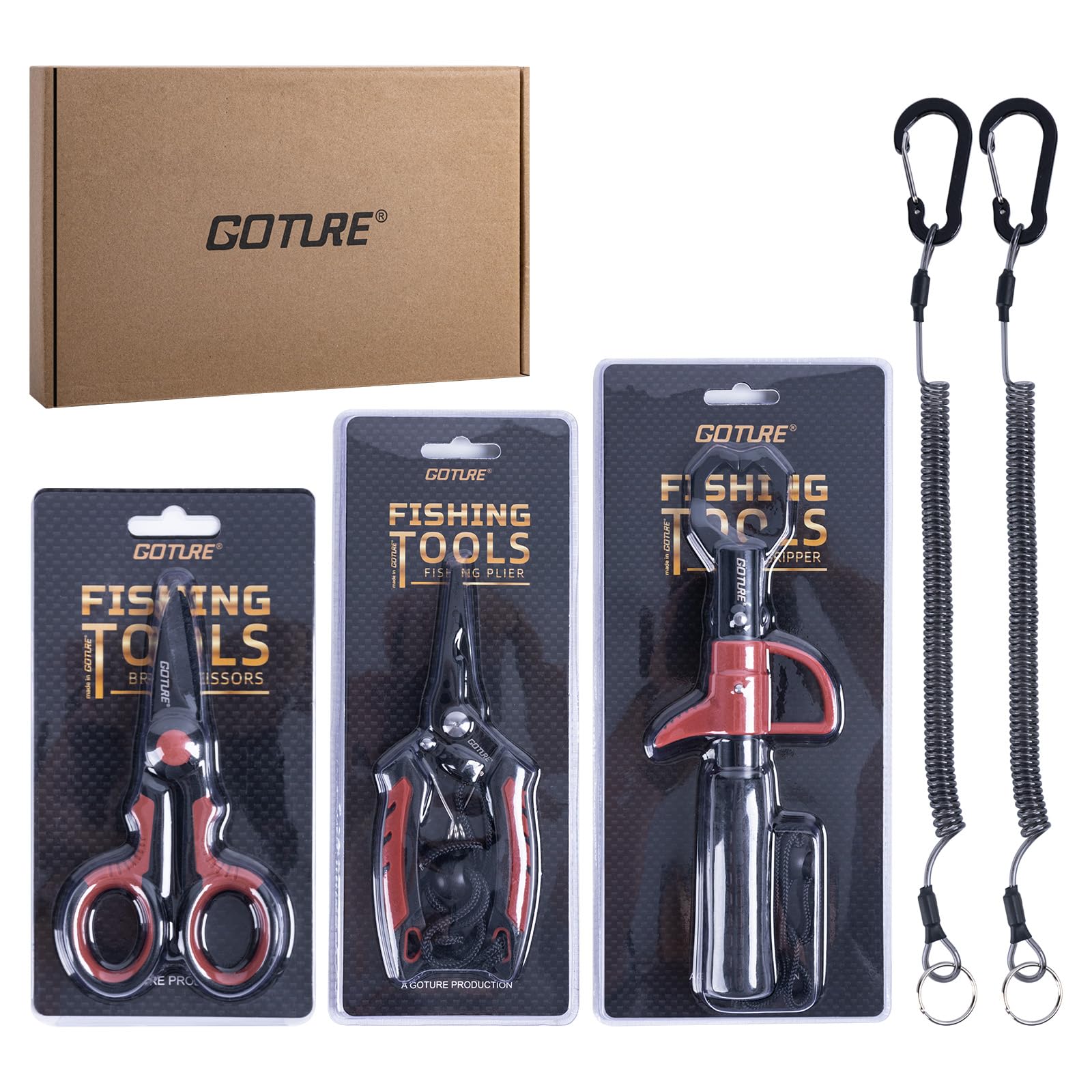 Goture 5Pcs Fishing Tool Kit, Fish Lip Gripper, Fishing Pliers, Fish Hook Remover, Lanyards, Line Scissors, Saltwater Gear Kit, Gifts for Men