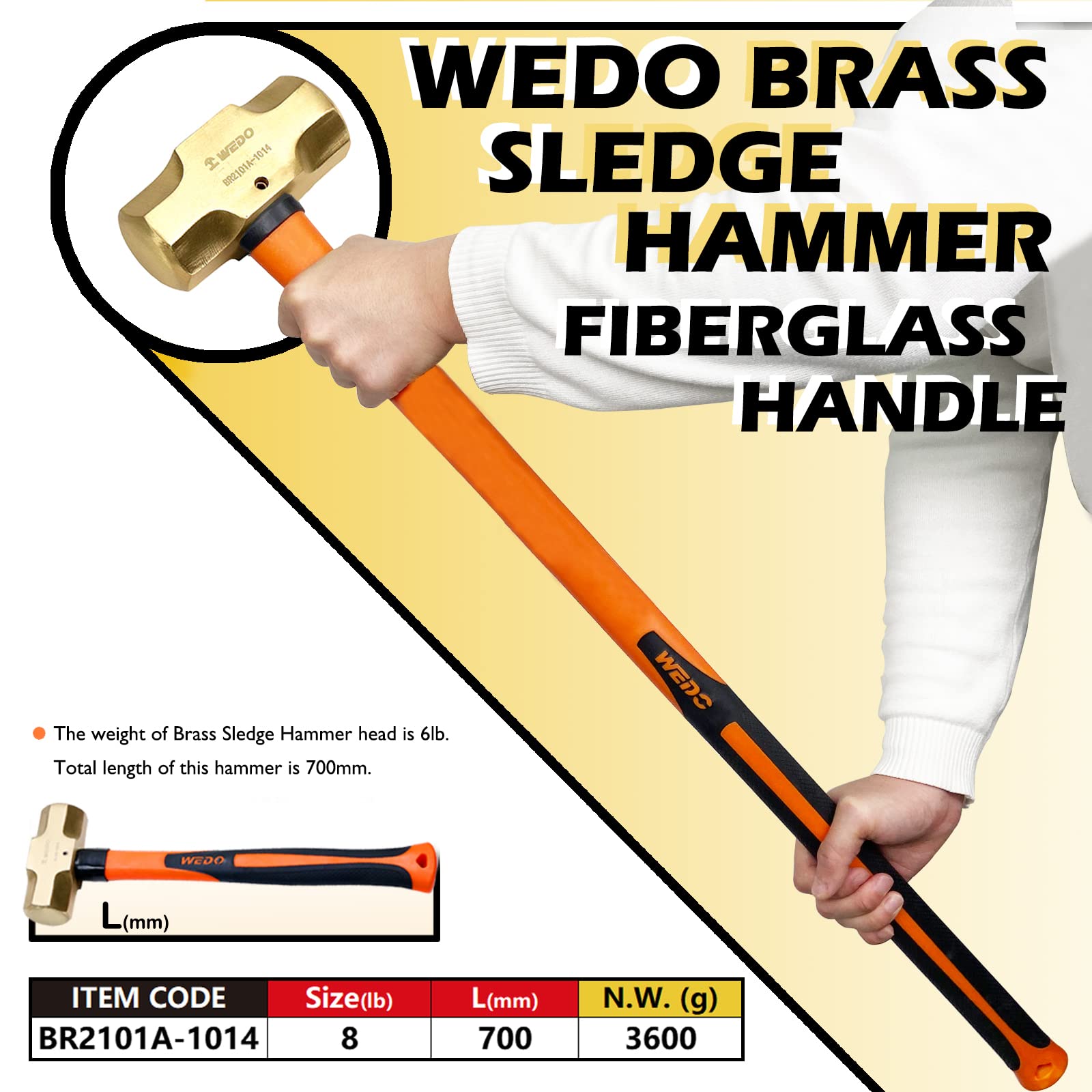 WEDO Mosiężny młot kowalski młotek z uchwytem z włókna szklanego, niemagnetyczny, matrycowy, odporny na korozję, standard DIN, 3,6 kg, 700 mm
