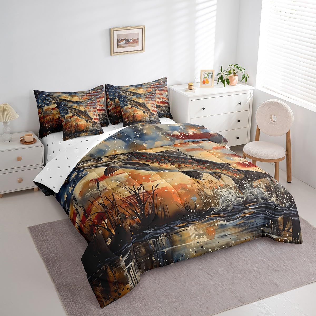 7-Piece American Flag Pike Fish Comforter Set Queen Size Boys Big Pike Fish Hunting Themed Bedding Bed In A Bag With Flat Sheet And Fitted Sheet, Fishing And Hunting Bedding Comforter Sets