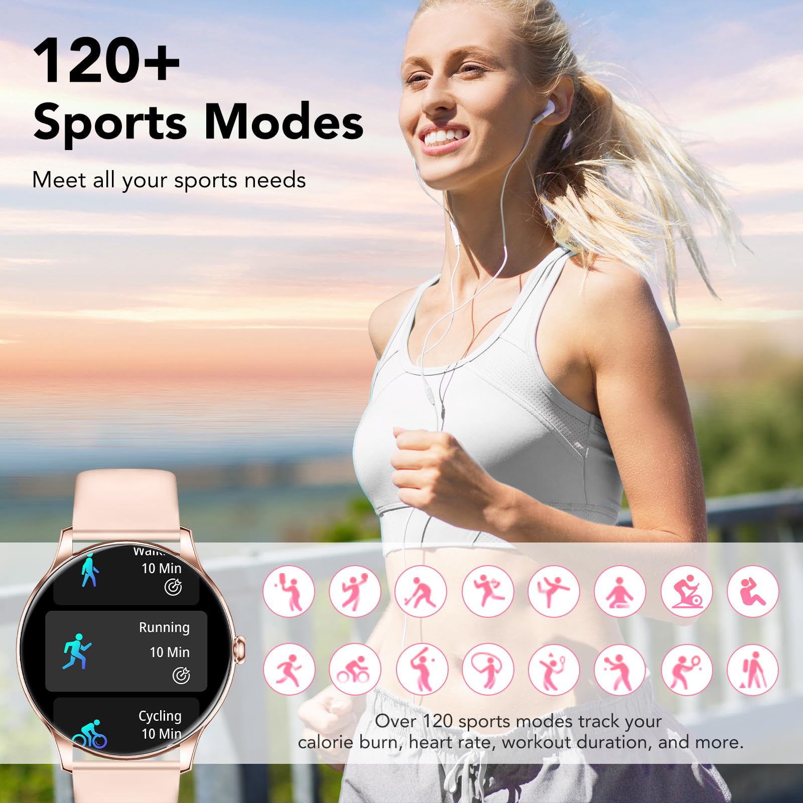 Elegante Smartwatch Damen mit Telefonfunktion, 1,39" Zoll Voll Touch Screen Fitness Tracker, 120+ Sportmodi, IP68 Wasserdicht Smart Watch mit Herzfrequenz, SpO2, Schlafmonitor für iOS Android, Pink