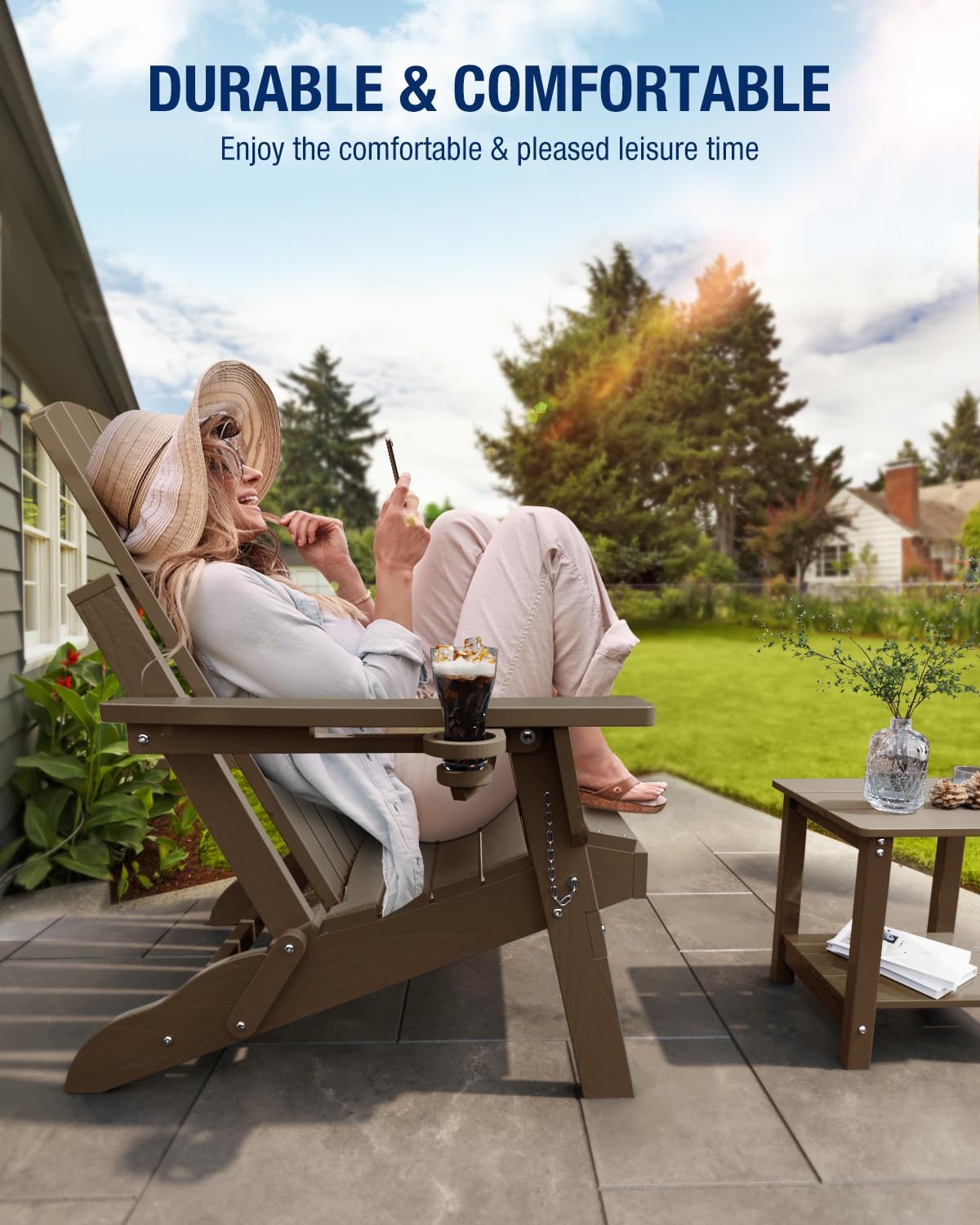 Adirondack Chair with Cup Holder: Folding Adirondack Chairs Plastic HDPE Material Furniture - Composite Fire Pit Chairs Foldable for Outdoor/Backyard/Garden/Lawn/Deck/Porch/Patio