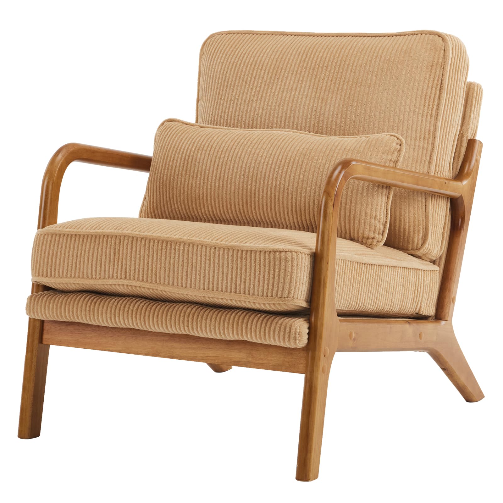 VINGLI Arm Chairs,Mid Century Modern Accent Chairs with Solid Wood Frame,Comfy Upholstered Armchair with Lumbar Pillow,Chairs for Living Room,Bedroom,Small Spaces,Corduroy (Khaki)
