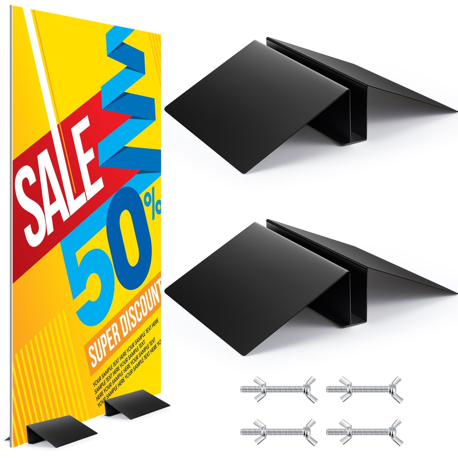 Photo 1 of Blulu 2 Pcs Metal Floor Sign Stand Holder Fits 12" Wide Sign Board up to 72" Tall Graphic Floor Standing Display Stand for Composite Foam Board, Black, Acrylic Glass, Base Only