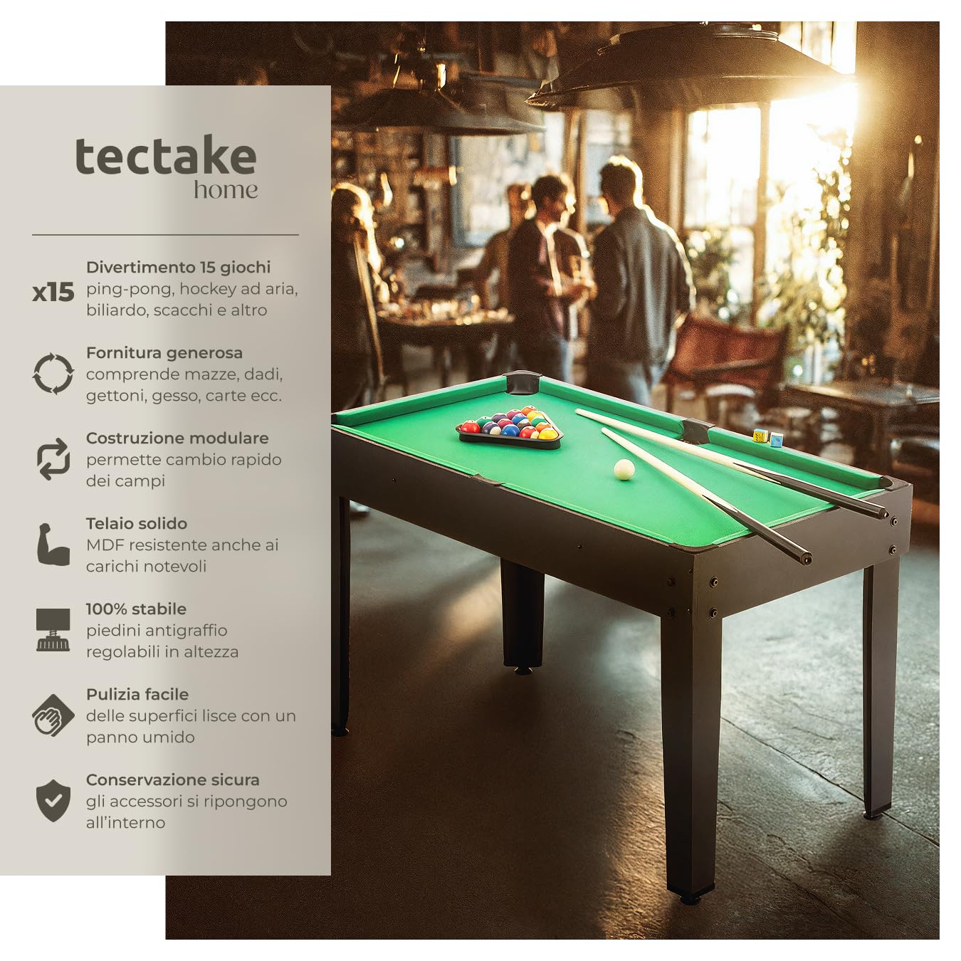 tectake® Tavolo Multigioco SirGameALot 15 in 1 Giochi da Tavolo, con Accessori, Struttura in MDF Resistente, 6 Superfici Autonome Impilabili, per Biliardo, Palline Ping Pong, Calcetto, Calcio Balilla
