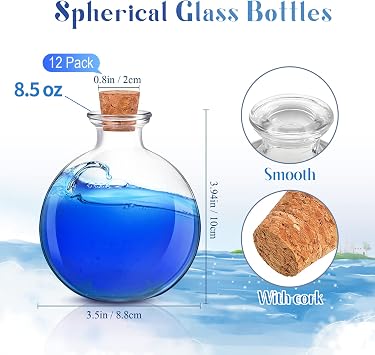 Tessco for you 12 Pcs 8.5 oz Glass Potion Bottles with Cork, Round Spherical Apothecary & Decorative Bottles for Candy, Spices, Vanilla Extract, Wish Messages, Snow Globe & DIY Crafts (Classic)