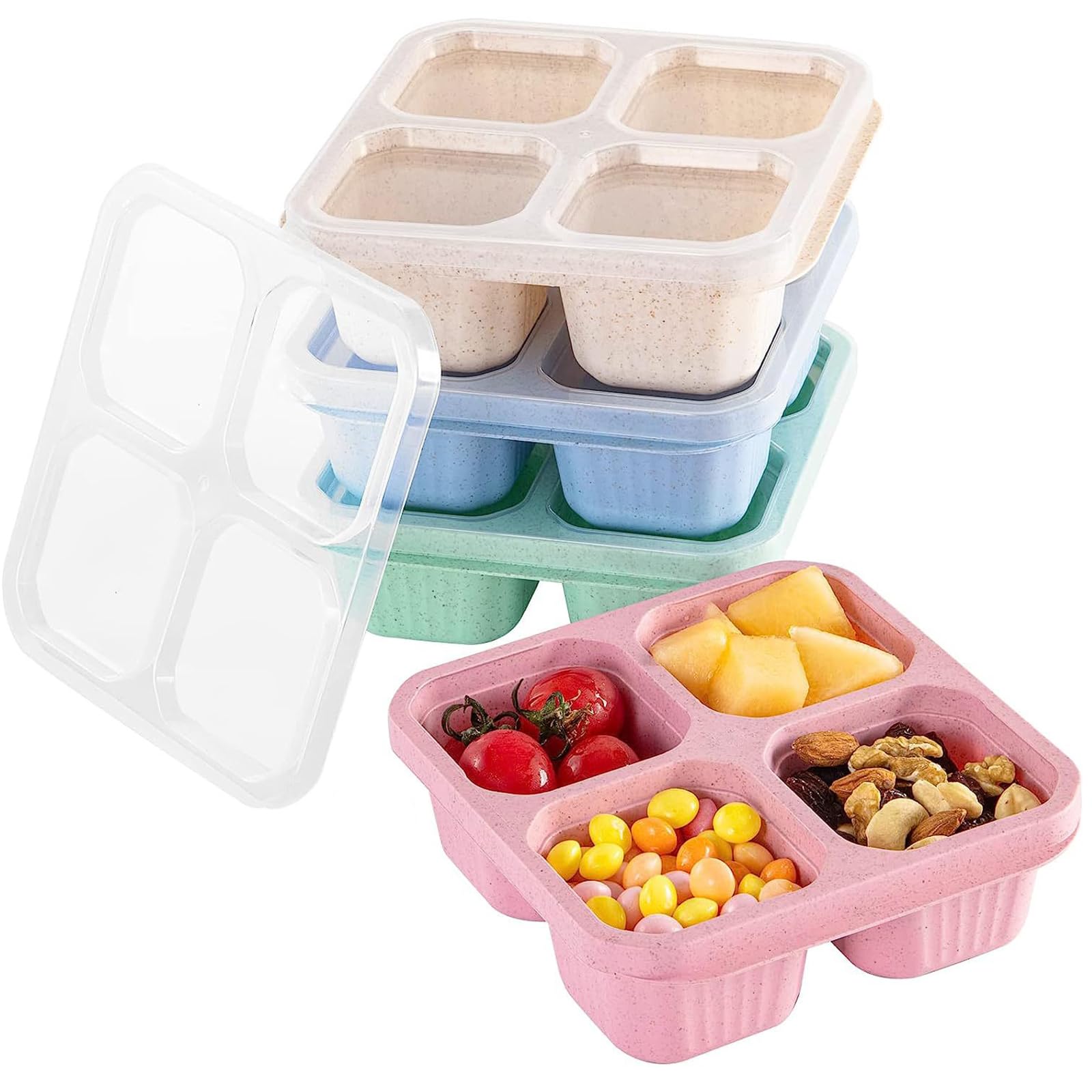 NIXRET 4 Pack Snack Boxes, 16x15x5 cm Reusable Bento Lunch Boxesm, Cover with 4 Compartments Snack Containers for Adults Kids Leakproof Divided Food Storage for School Work Travel