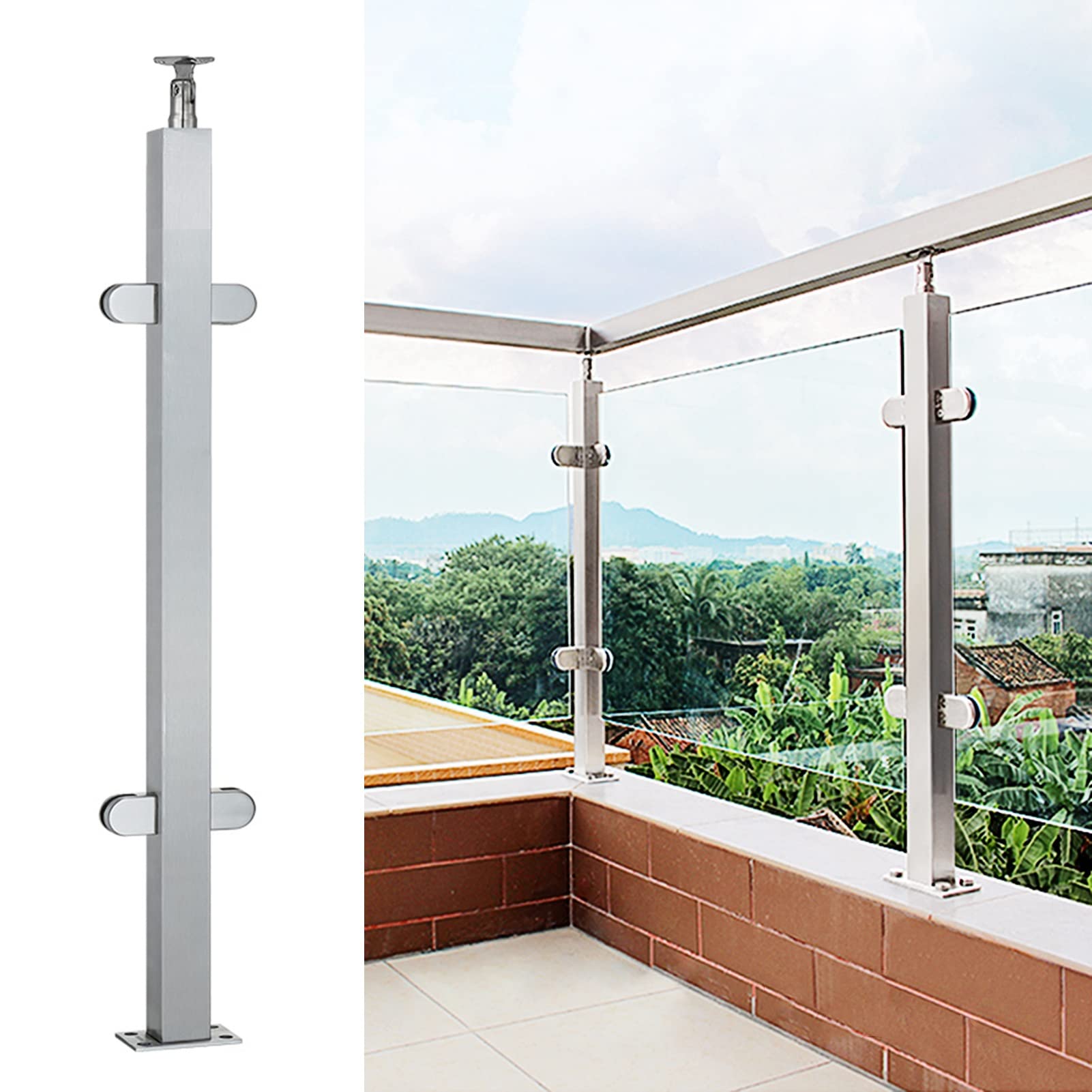 Glass fence posts Balustrade Posts Glass Railing Post,Stair Post Glass Railing/Panels Post, Terrace/Patio/Hallway Square Baluster Post Brackets Kit, Landing Railing Fence for 10-12mm Tempere
