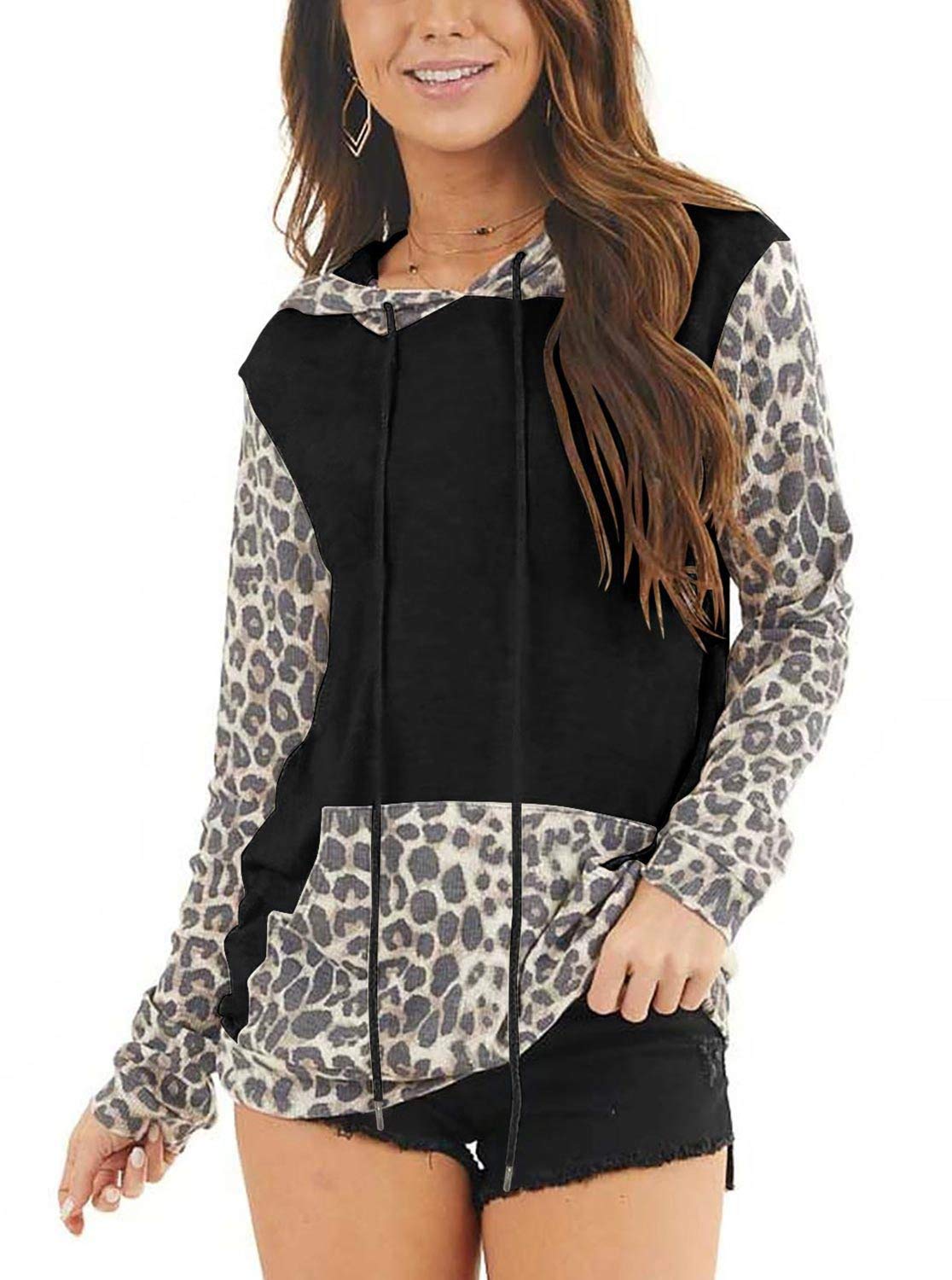 Womens Hoodie Leopard Patchwork Long Sleeve T Shirt Drawstring Tops with Pockets S-XXL