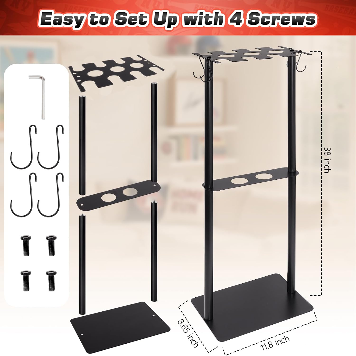 Baseball Bat Holder Stand, Free Standing Bat Rack for 8 Bats & 5 Balls, No Drill Softball Bat Organizer with 4 Hooks for Gloves, Sturdy Metal Display Stand for Home Team Dugout, Black