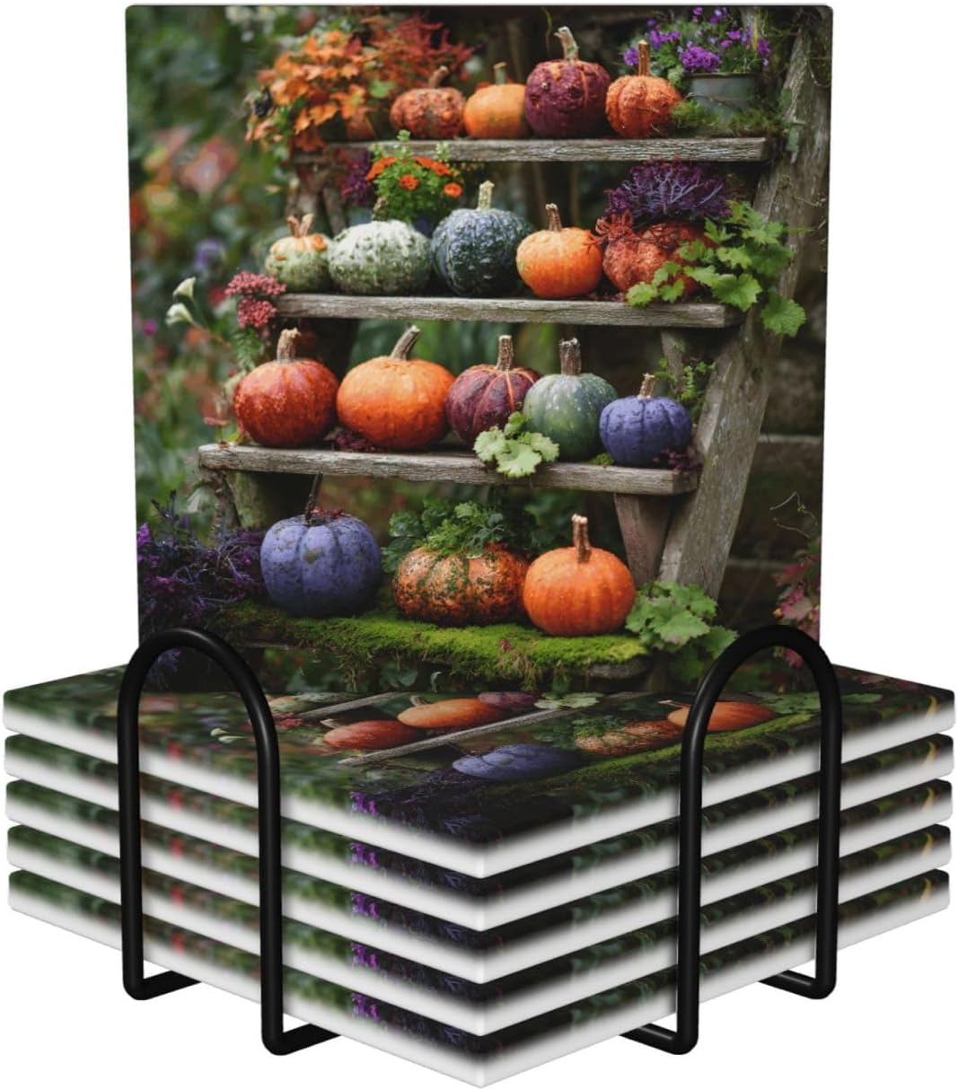 (Autumn Pumpkin) Ceramic Coasters Set of 6 with Holder Non-Slip Square Coffee Coasters for for Cup Mug Drink Patio Coffee Table Decor, Christmas Coasters Home Bar Supplies