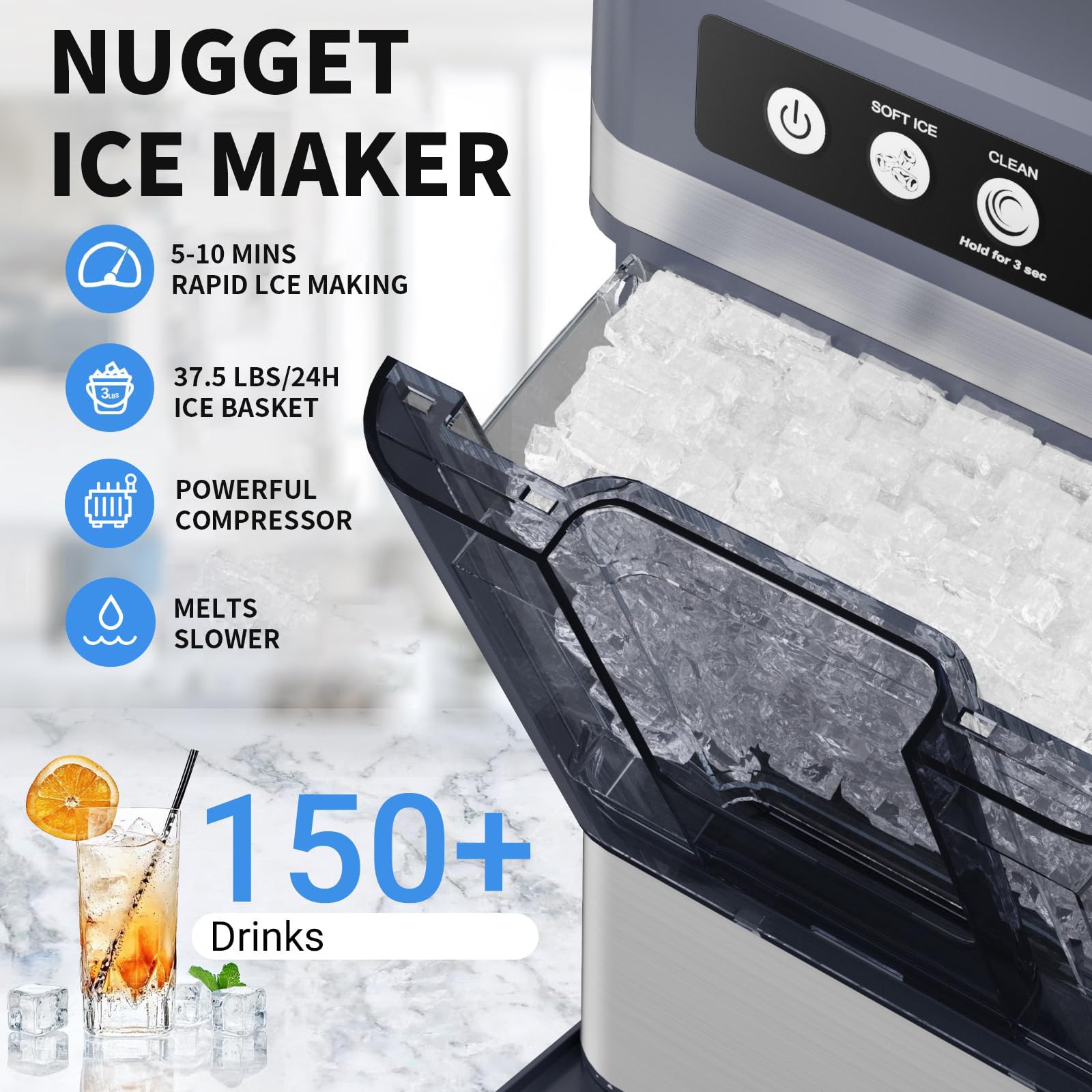 Chewable Crunchable Countertop Nugget Ice Maker, Large Capacity Ice Makers Countertop, 37.5lbs in 24 Hours, Self-Cleaning, One-Click Ope-Ration, Stainless Steel, Silver Gray WithoutSideWaterTank on Fridge.com