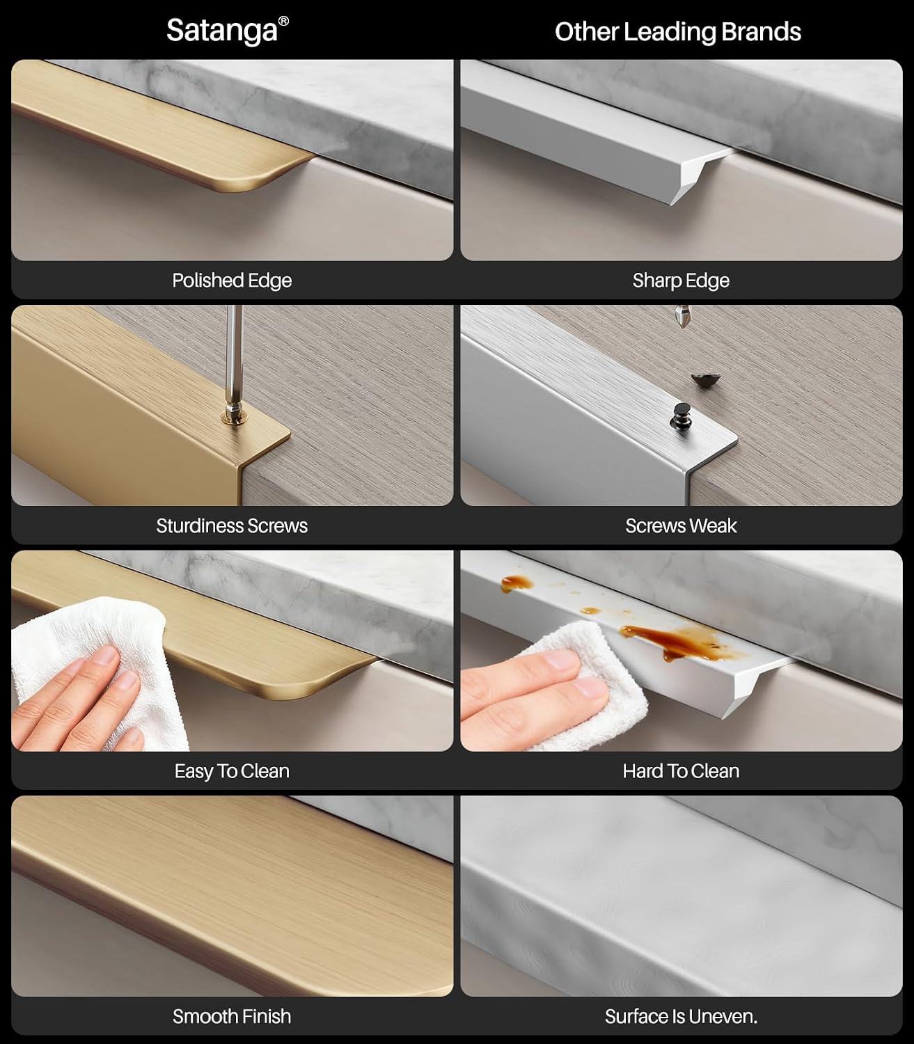 Satanga Edge Finger Tab Pulls for Cabinets Invisible Kitchen Concealed Aluminum Flat Hidden Drawer Pull Modern Pack of 10 Matte Brushed Gold 3-3/4 inch Easy Installation