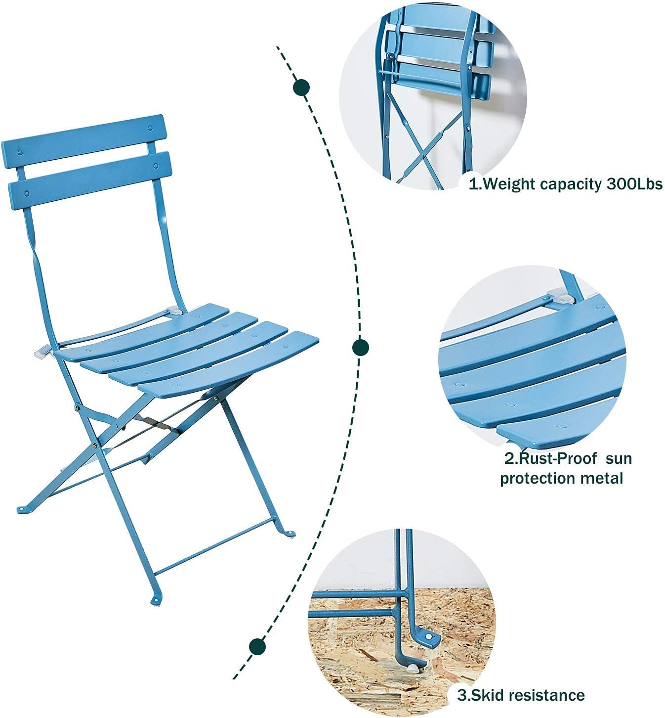 Grand patio 3 Piece Bistro Set, Weather-Resistant Folding Table and Chairs, Indoor/Outdoor Furniture Set (Blue)