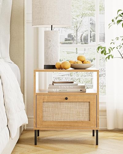 Miniatura 7 de Mesita de noche extragrande de ratán, moderna mesita de noche bohemia de madera con cajón de almacenamiento y estante abierto, mesa auxiliar grande