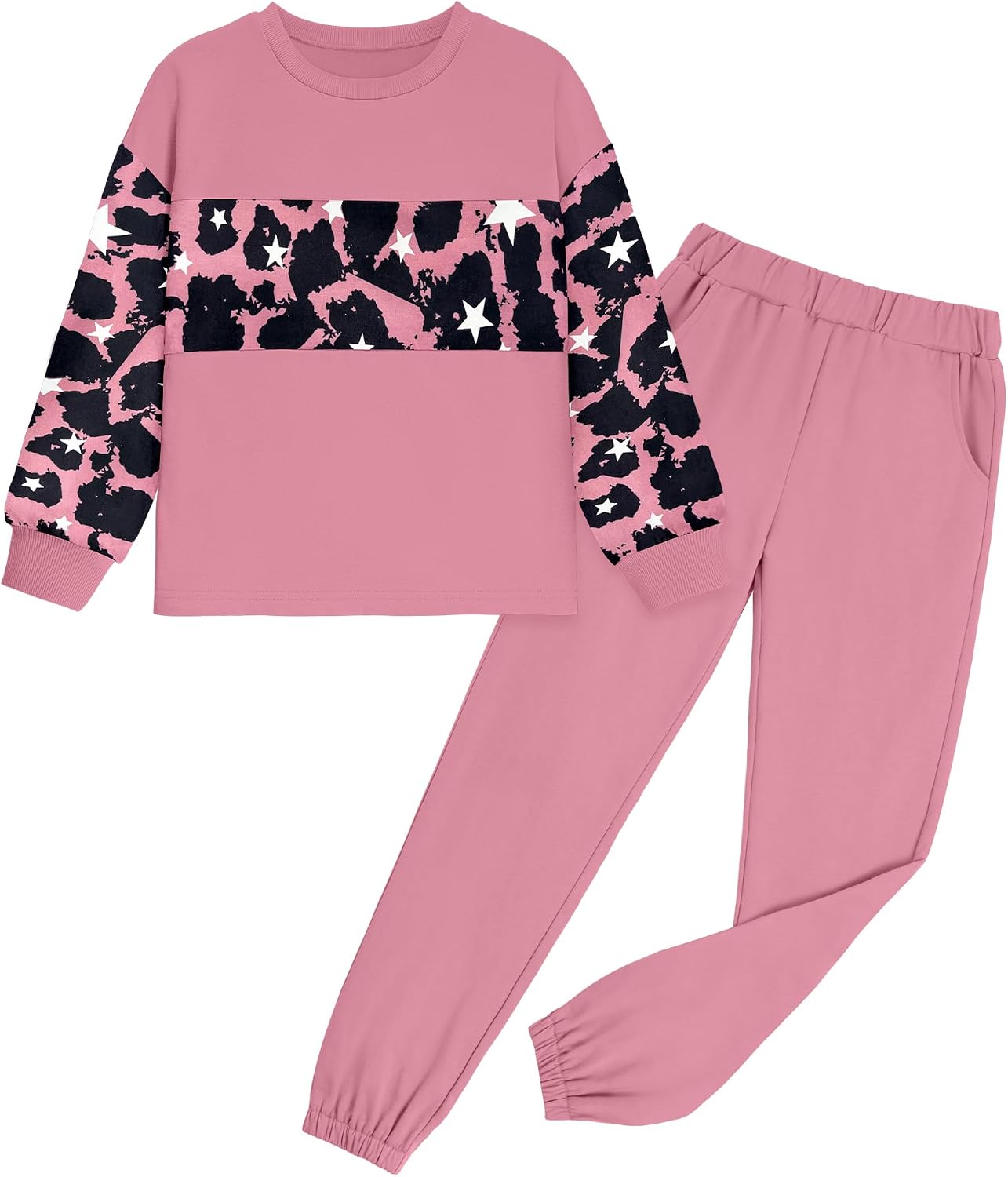 Girls Clothes Leopard Patchwork Sweatshirt Elastic Waist Sweatpants with Pockets 2PCs Girls' Clothing Sets