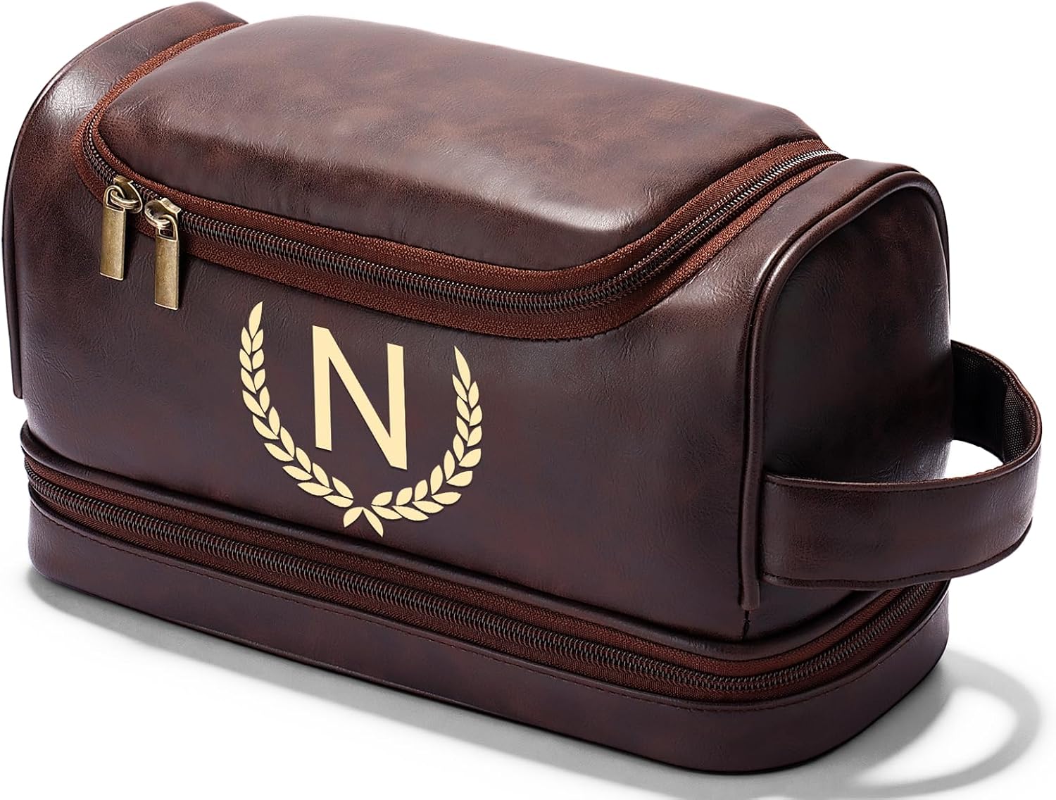 OXYEFEI Personalized Toiletry Bag for Men,Personalized Gifts for Men for Husband Dad, Custom Monogrammed PU Leather Waterproof Mens Toiletry Travel Essential Dopp Kit Shaving Bag (N, Tea Brown)