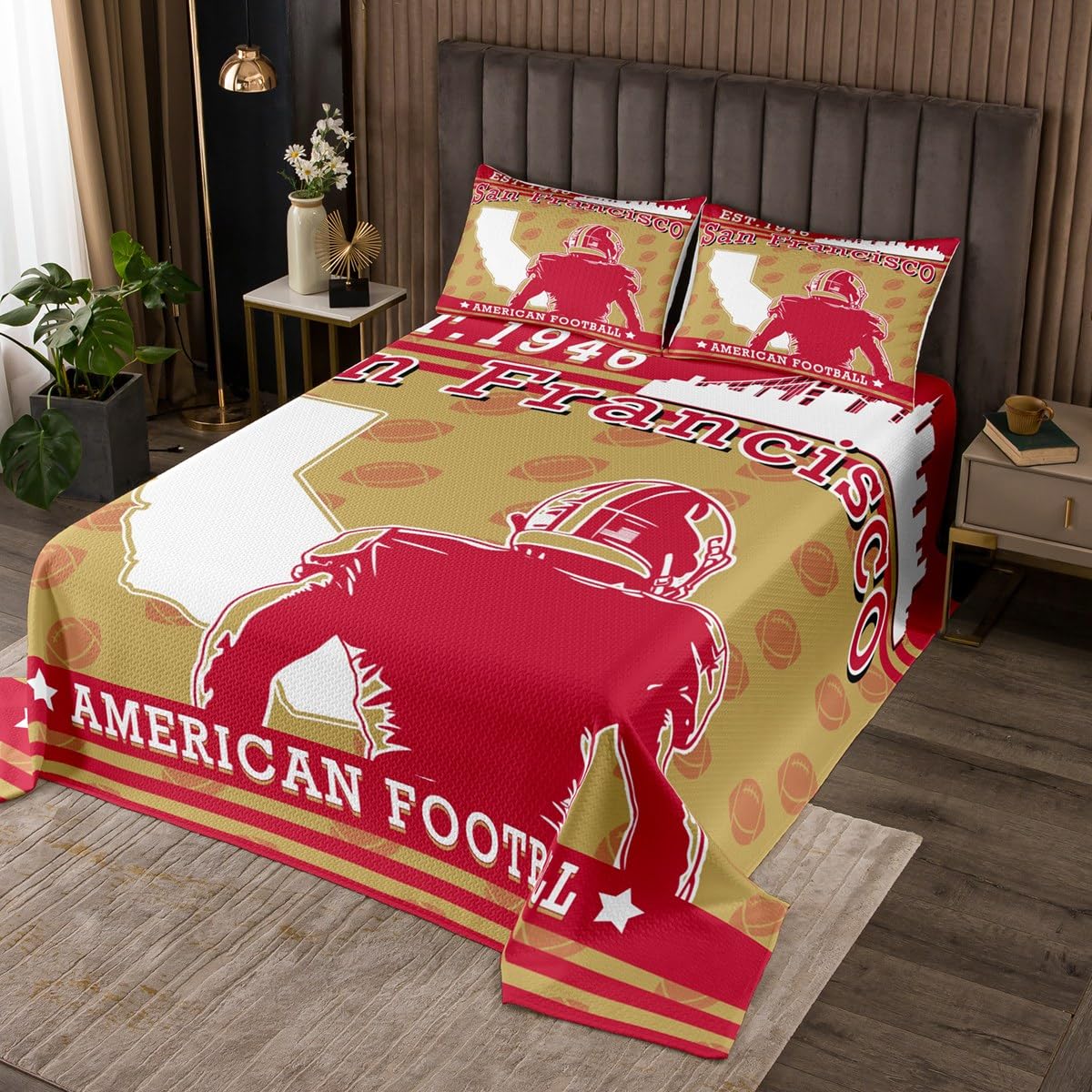 jejeloiu Football Coverlet Set Sports Game Bedspread for Kids Boys Girls American Football City Bedspread Red Gold Quilted (San Francisco) with 2 Pillowcases 3Pcs Bedding King