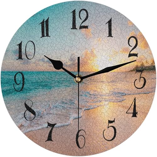 AUUXVA Seashore - Reloj de pared redondo de playa, reloj silencioso sin tictac de 9.5 pulgadas, cielo azul, sol, arena, reloj de pared, decoración