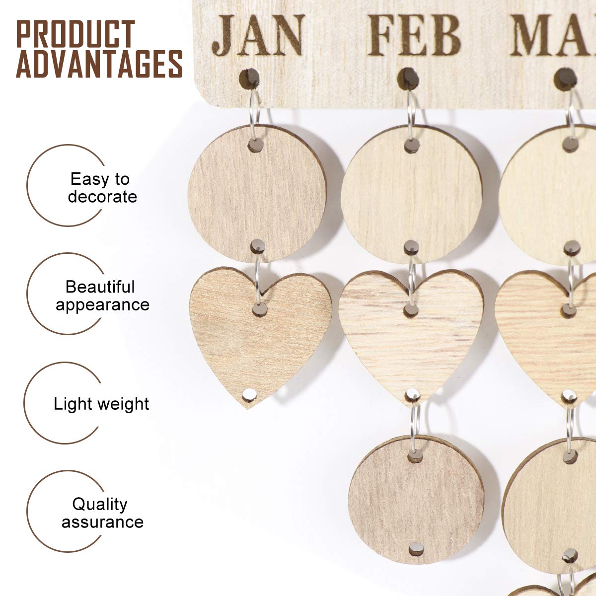 Family Birthday Calendar Wooden Board - Wall Hanging Reminder With 50 Wood Tags