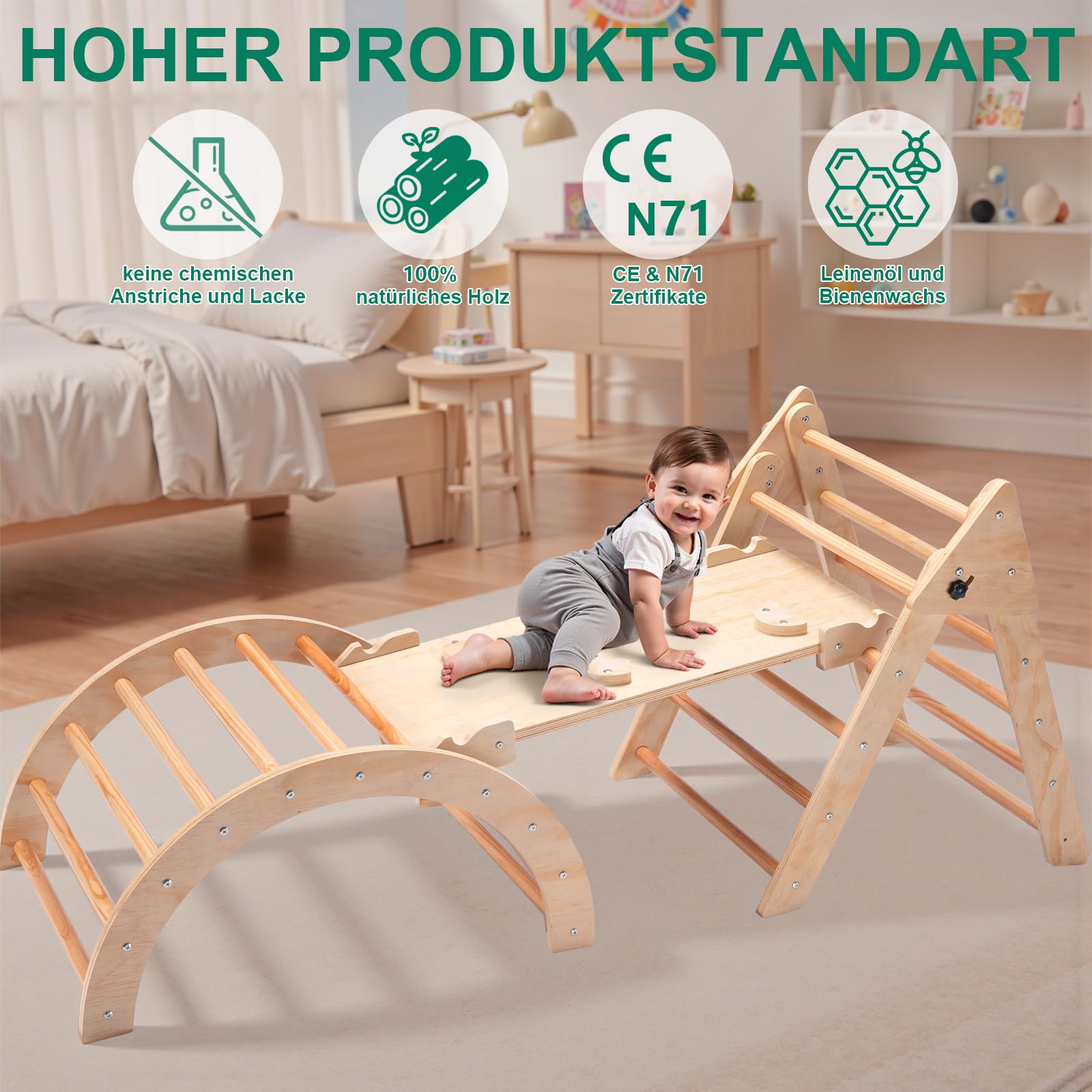 RUIE Klettergerüst Indoor 7-in-1 Kletterdreieck mit Rutsche, Hölzernes Kletterdreieck Set für kletterbogen ab 1 Jahr, Montessori klettergerüst, Kletterturm, Kinder Indoor Spielplatz