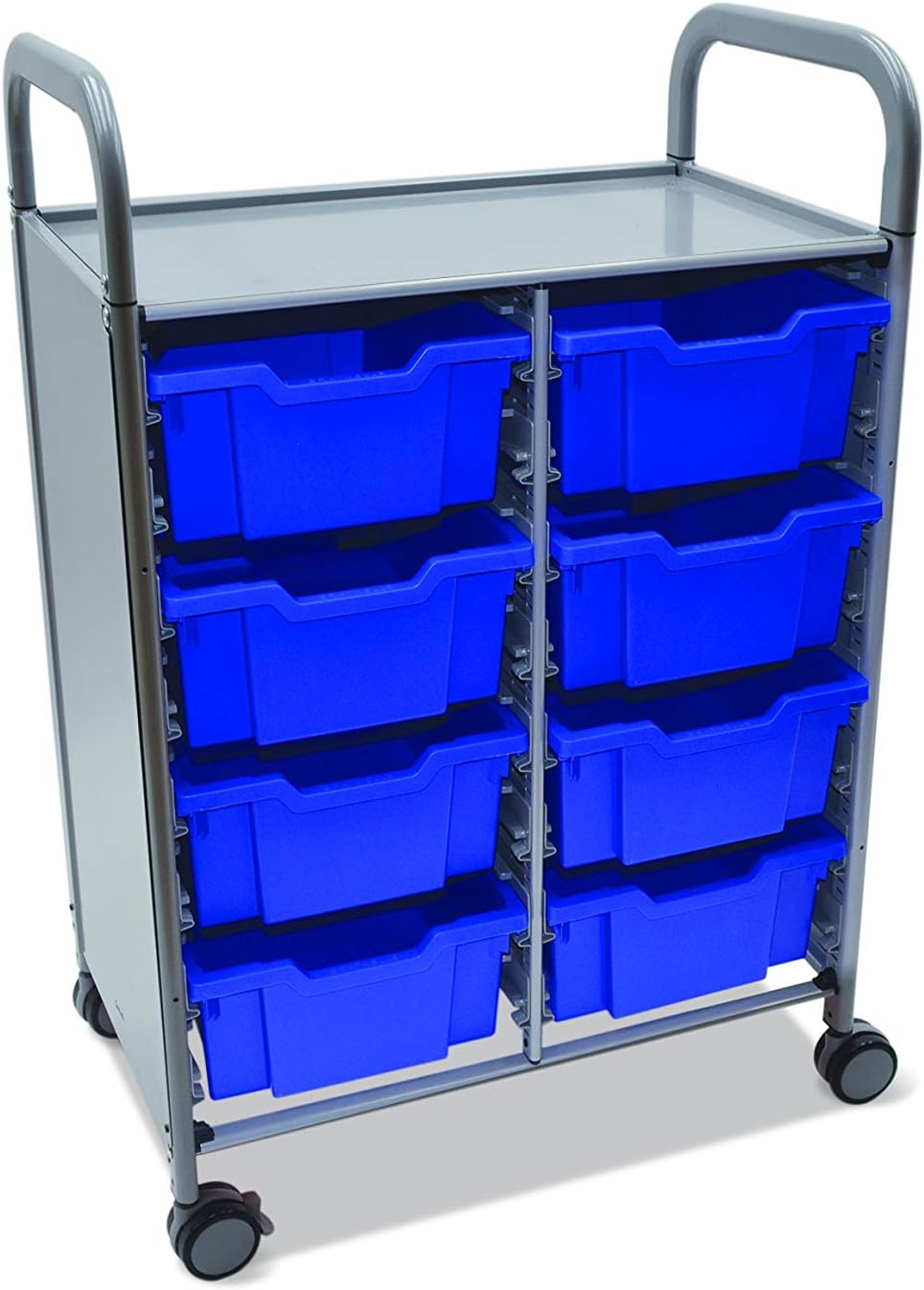 Gratnells Callero Plus Double Trolley, Stylish, Modern, Mobile Storage Unit/Cart with curve handles and 8 Royal Blue Trays