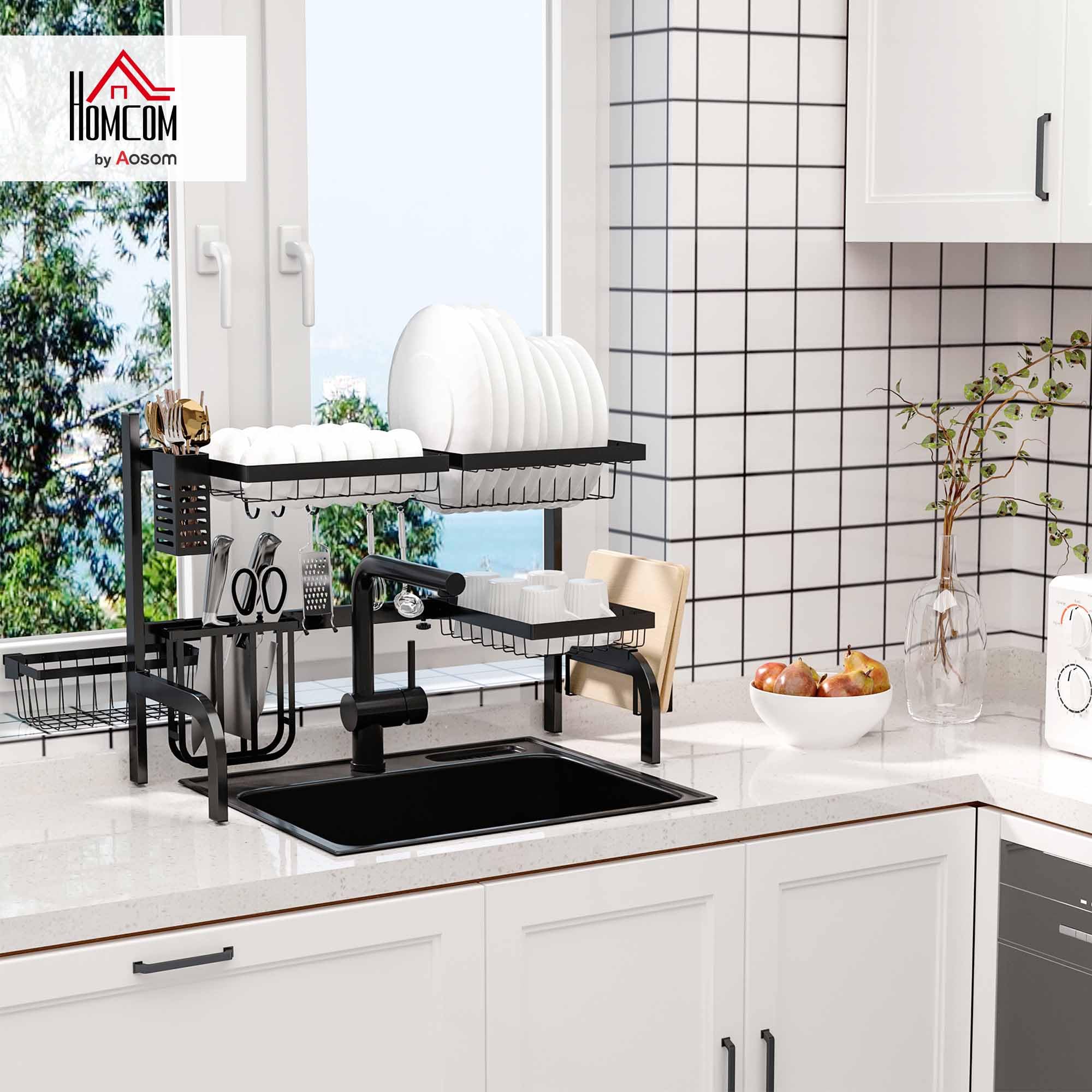 HOMCOM Ociekacz do naczyń, 2-stopniowa kratka ociekowa, stelaż, 51-93 cm, ociekacz z haczykiem, taca ociekowa do zlewozmywaka kuchennego, stal, czarna