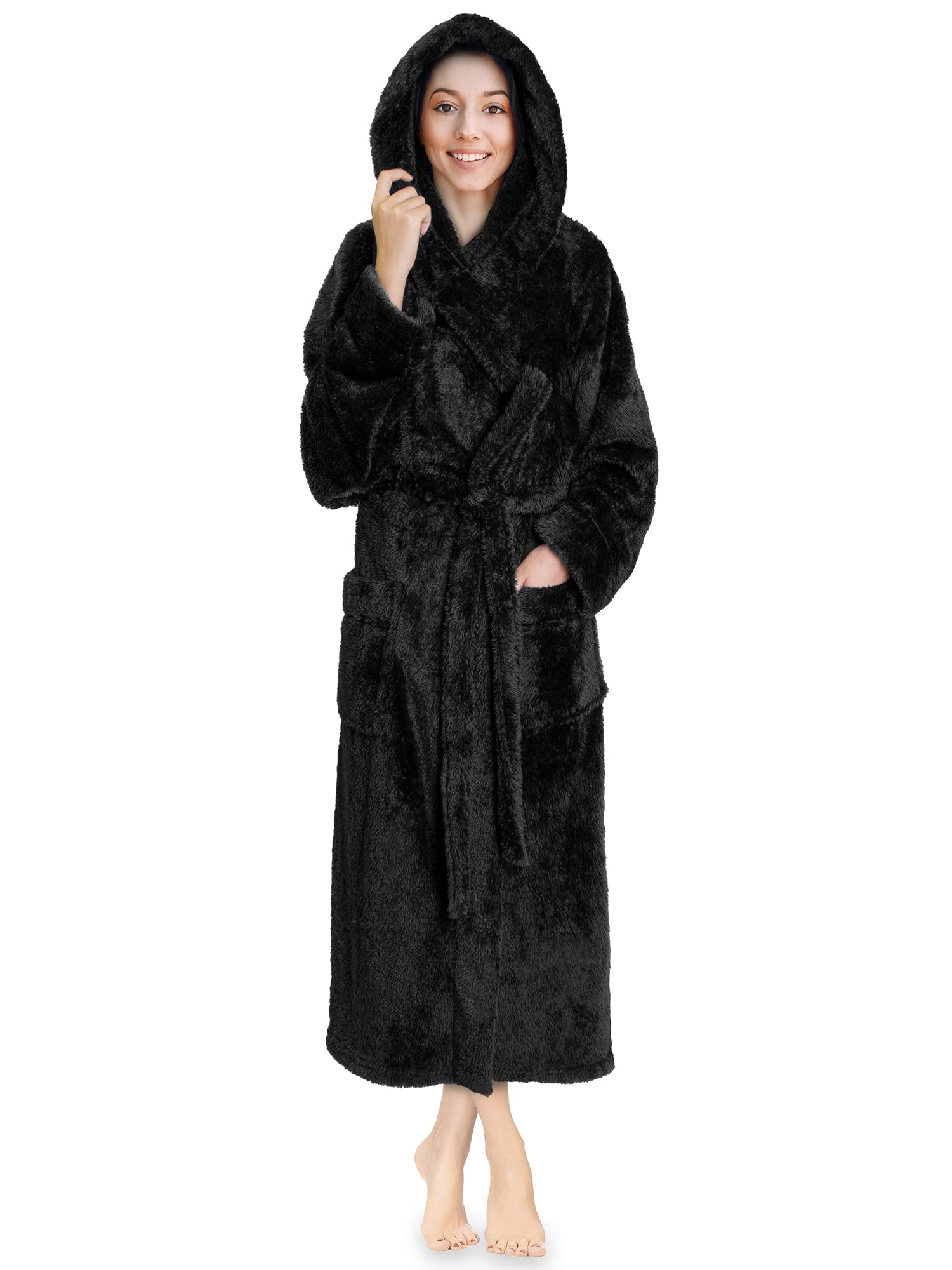 PAVILIA Women Hooded Plush Soft Robe Fluffy Warm Fleece Sherpa Shaggy Bathrobe
