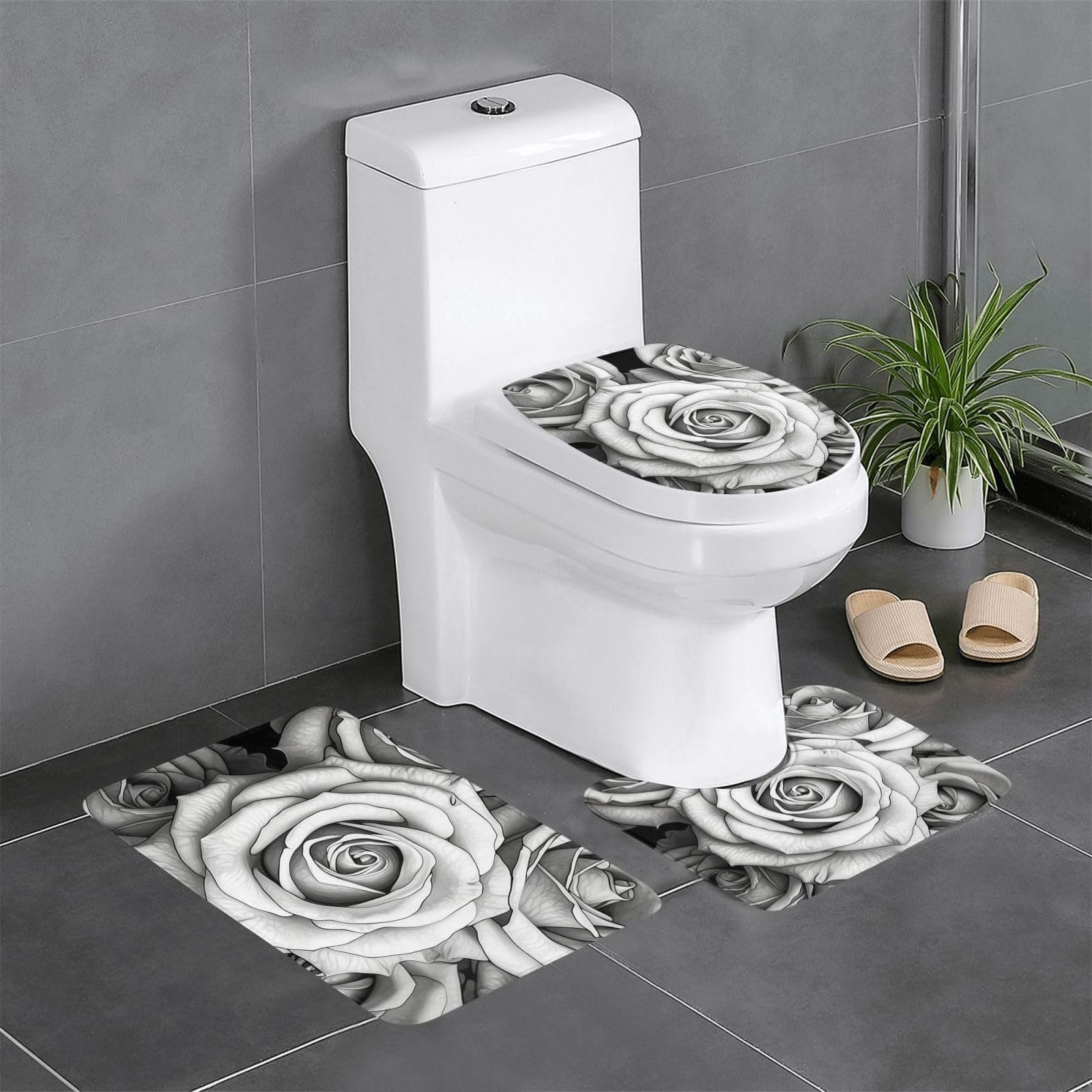 Housse d'abattant douce et tapis de toilette motif floral noir et blanc pour chambre