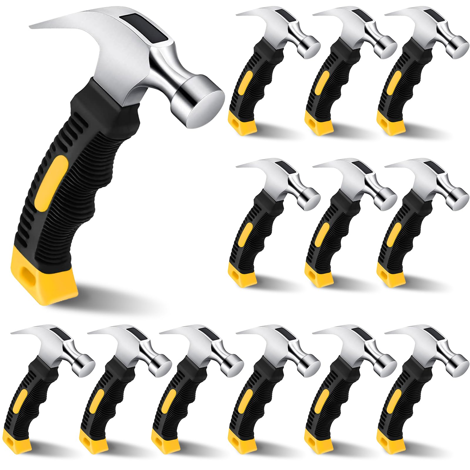 12 Pcs Stubby Claw Hammer, 8 Ounce Small Mini Stubby Hammer, Small Claw Hammers Lightweight Melt Claw Hammers Tool for Home Repair, Building, Work, Crafts Handmade Outdoor Camping (Black-Yellow)