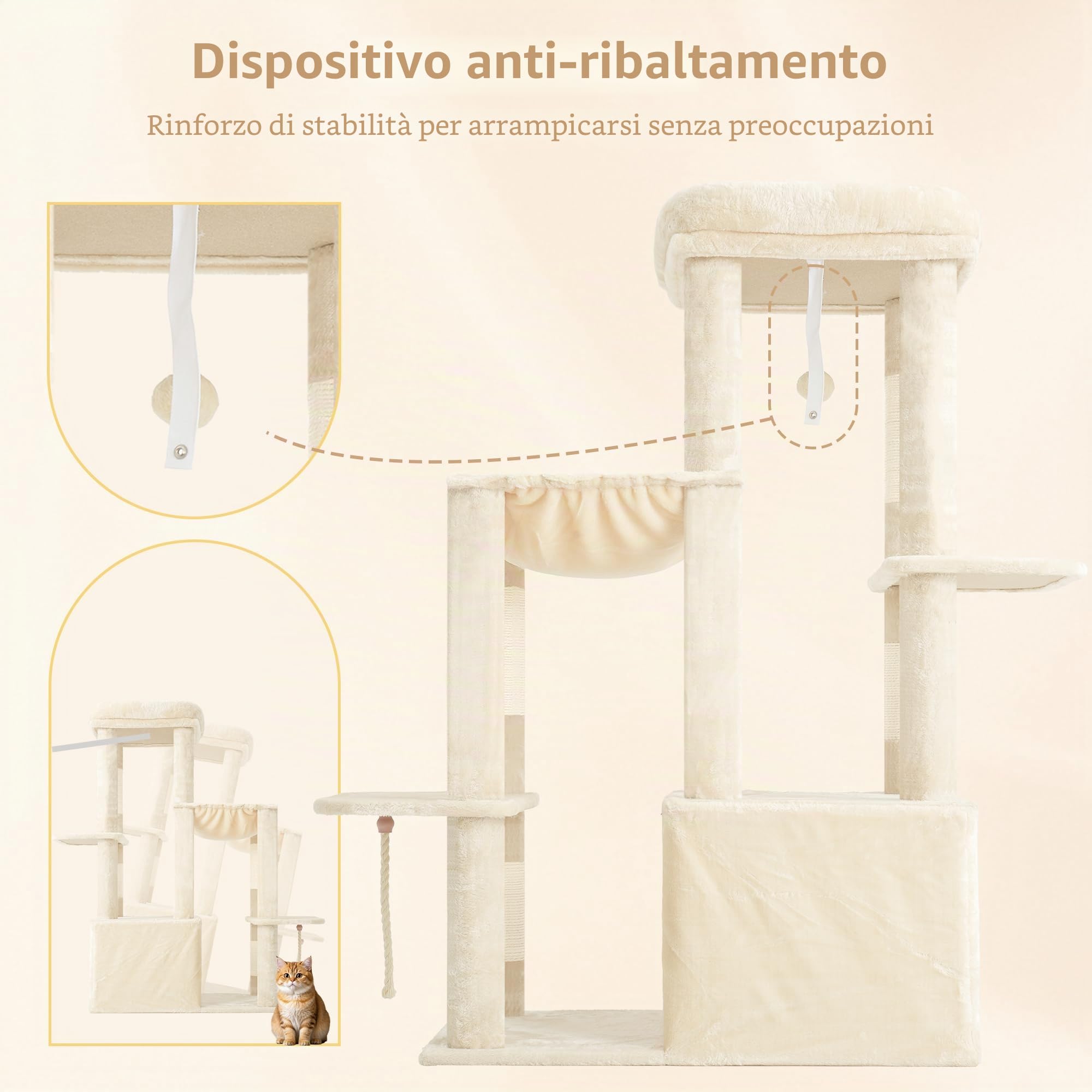 Heybly Tiragraffi per Gatti, 120cm Torre Alta Interna per Gatti Adulti, con Ampia Base e Casa Appartamento, Mobili Morbidi Multilivello con Graffiatoio, Amaca, Pallina da Gioco, Beige HCT026M