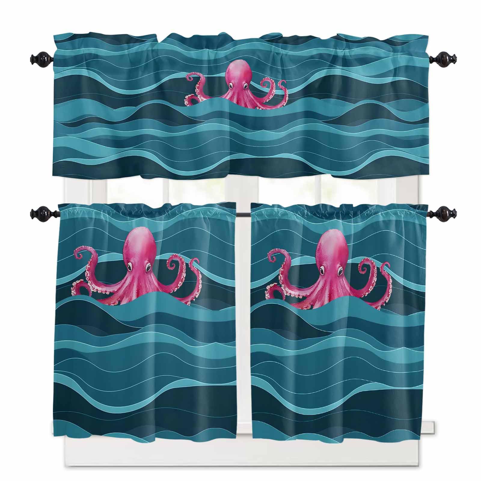 Ocean Octopus Kitchen Curtains 24 Inch Length, 3 Piece Rod Pocket Small Half Tiers and Valance Set, Coastal Nautical Teal Waves Small Large Window Treatment Decor for Bedroom/Bathroom Sink