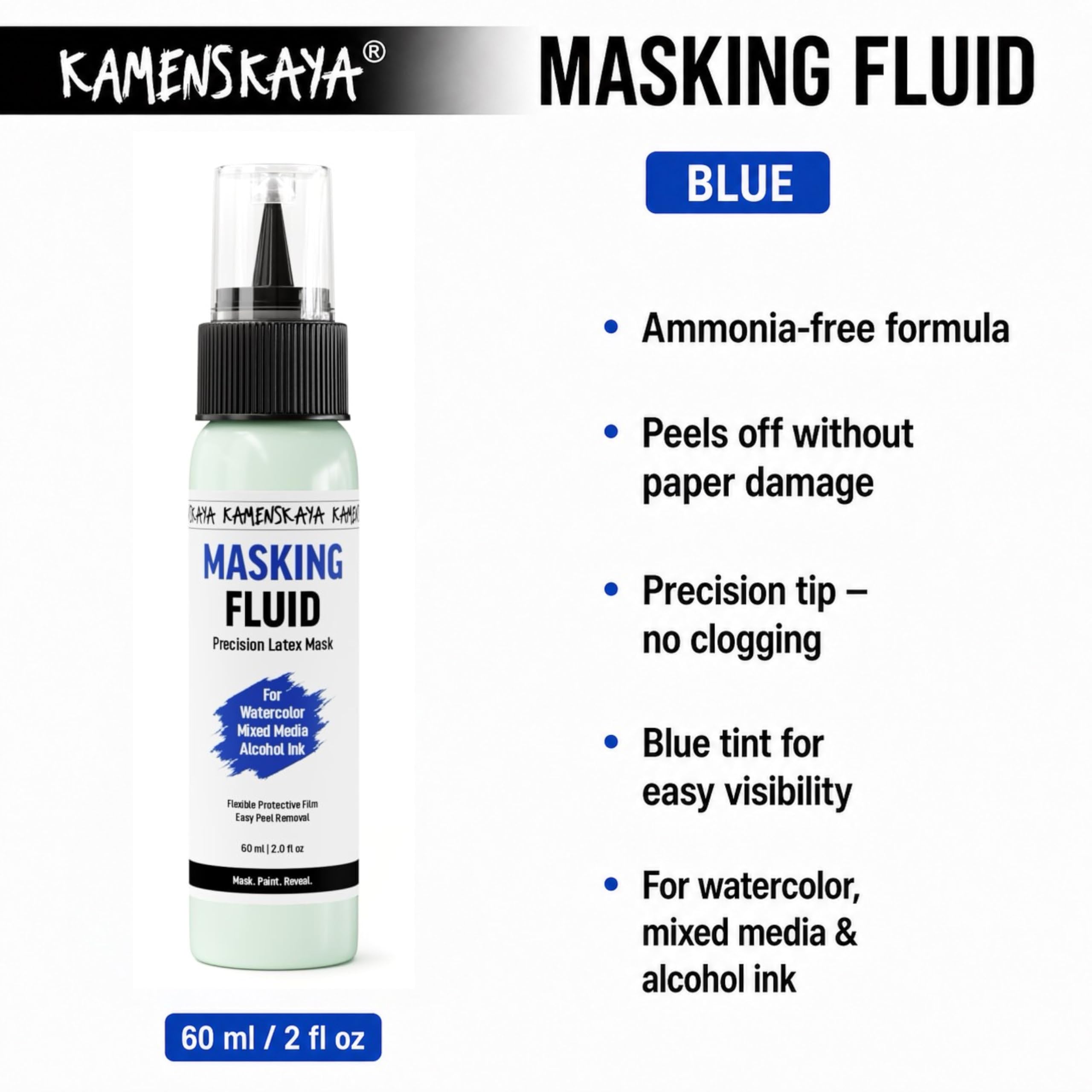 KAMENSKAYA Líquido de enmascaramiento para pintura de acuarela, máscara líquida de látex natural con aplicador de bolígrafo de precisión, desarrollado por artistas para acuarela, tinta de alcohol y