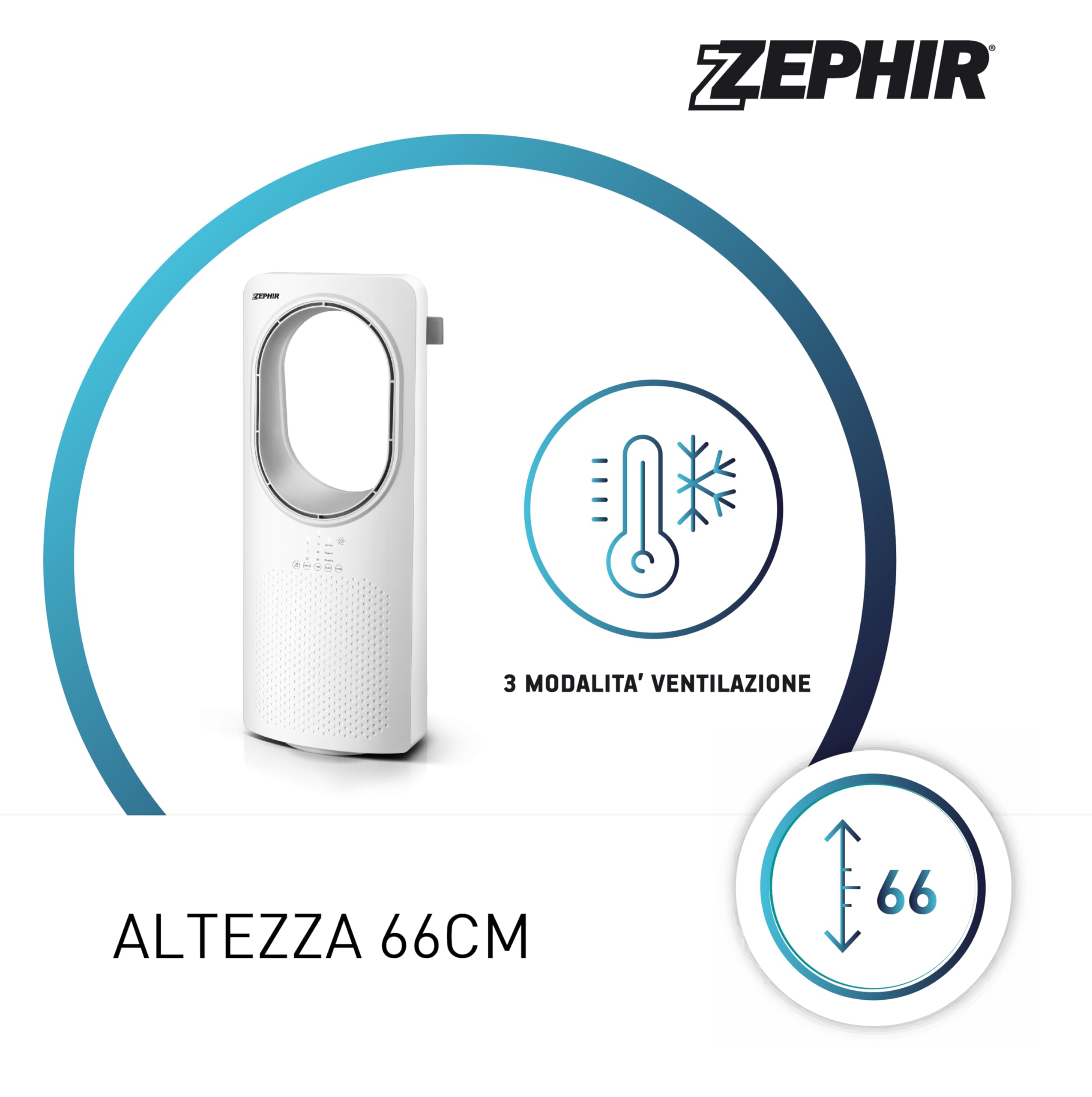 Zephir, Ventilalatore a Torre Senza Pale, 3 Velocità, 3 Modalità di Fusso d'aria, Ventilatore Oscillante, Display LED, Comando Touch, Timer 15 ore, Telecomando, Potenza 50 W