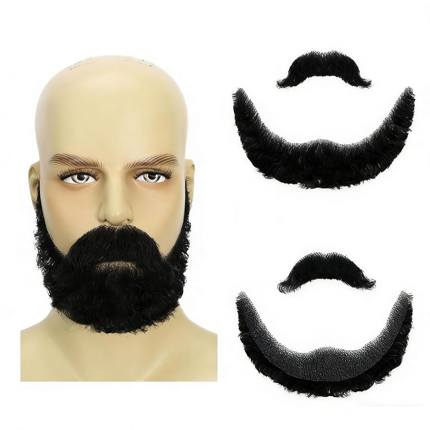 Fake Human Hair Beard Lace Base Mustache for Adults Costume Party Funny Cosplay Fake Full Beard (Black)