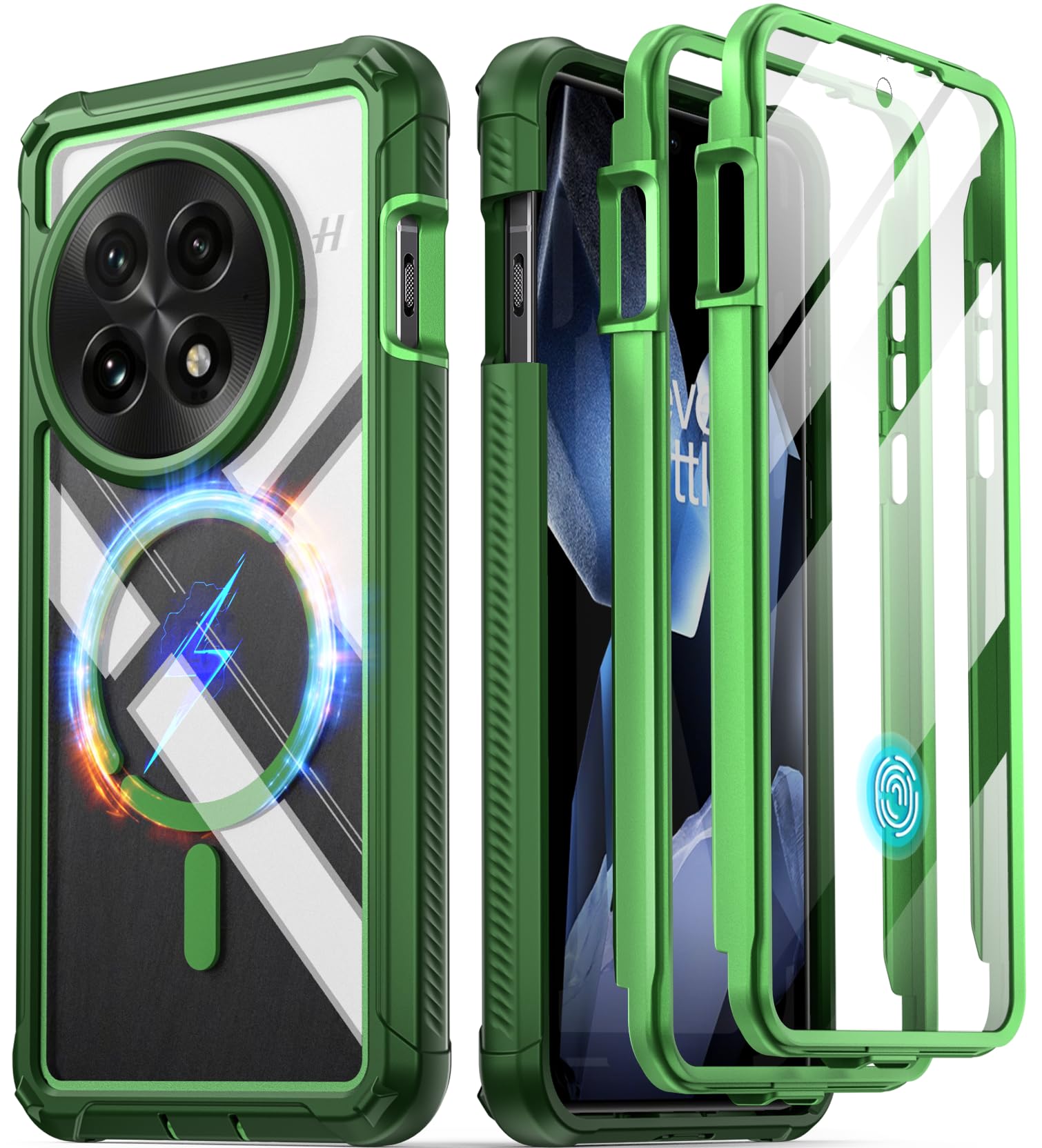 Poetic Guardian Case for OnePlus 13 5G, Built-in Screen Protector [Work with Fingerprint ID], [2 Front Frame] Full Body Shockproof Rugged Clear Cover Case, Green/Clear